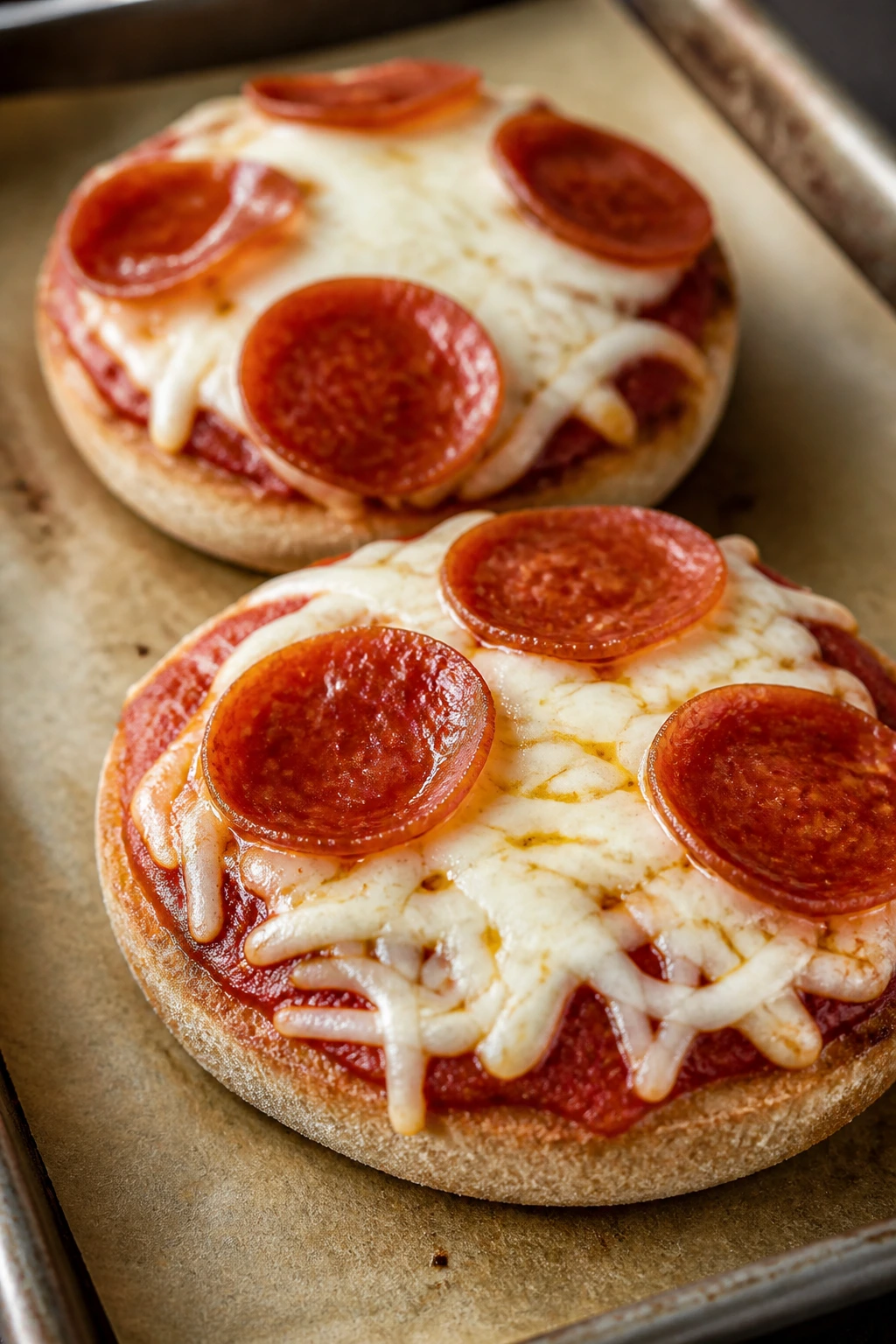Close-up of English muffin pizzas on a baking sheet