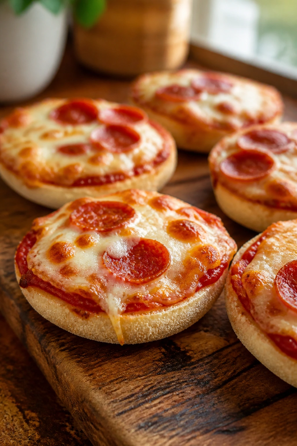 Close up of mini English muffin cheese pizzas on a wooden board