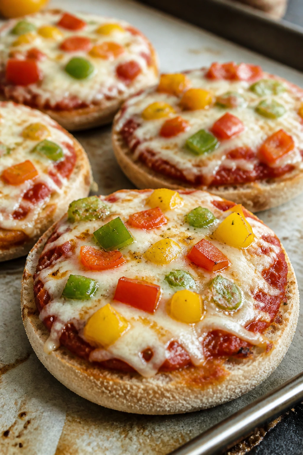 Close-up of English muffin pizzas with sauce and toppings dominating the frame