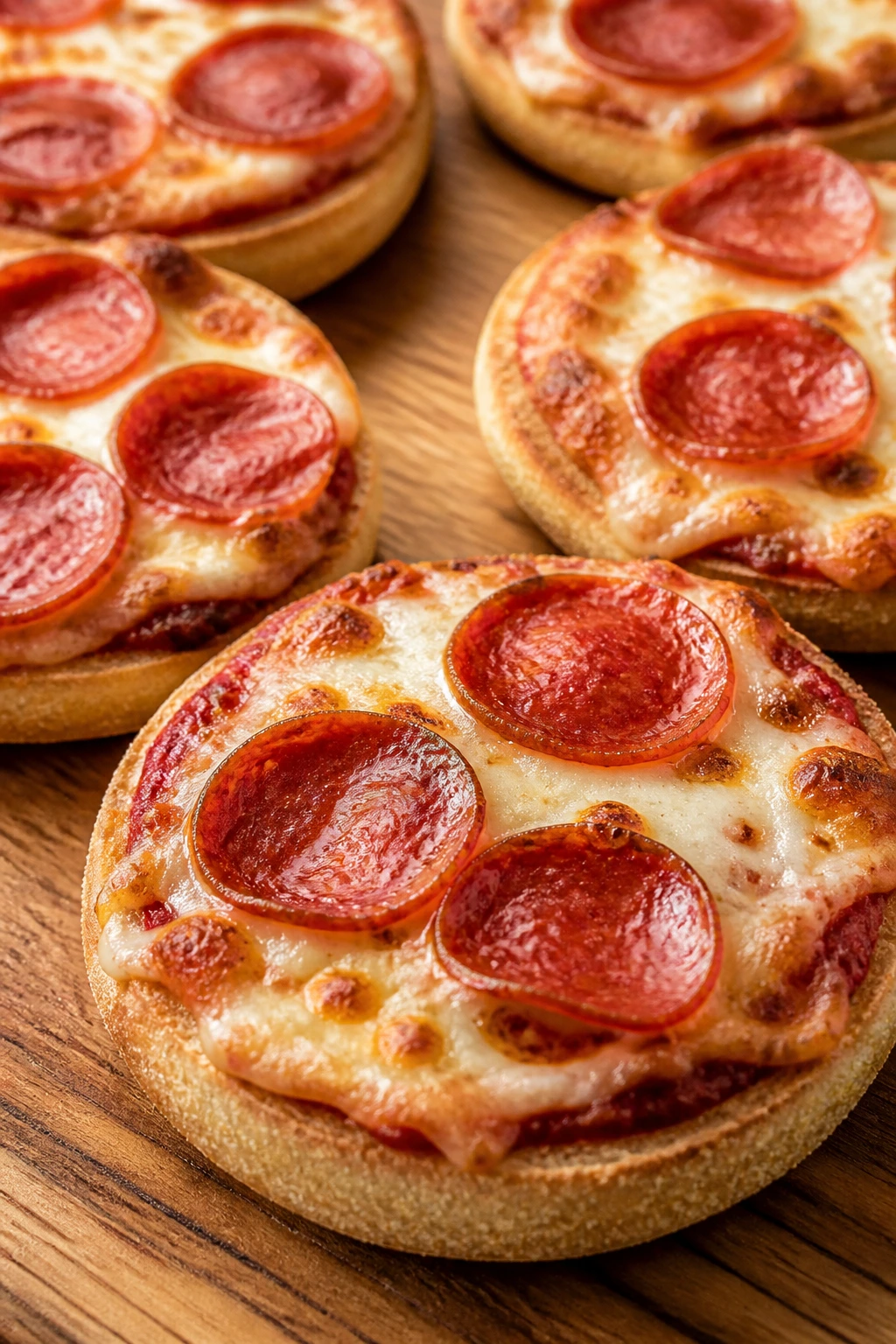 Close-up of pepperoni English muffin pizzas filling the frame