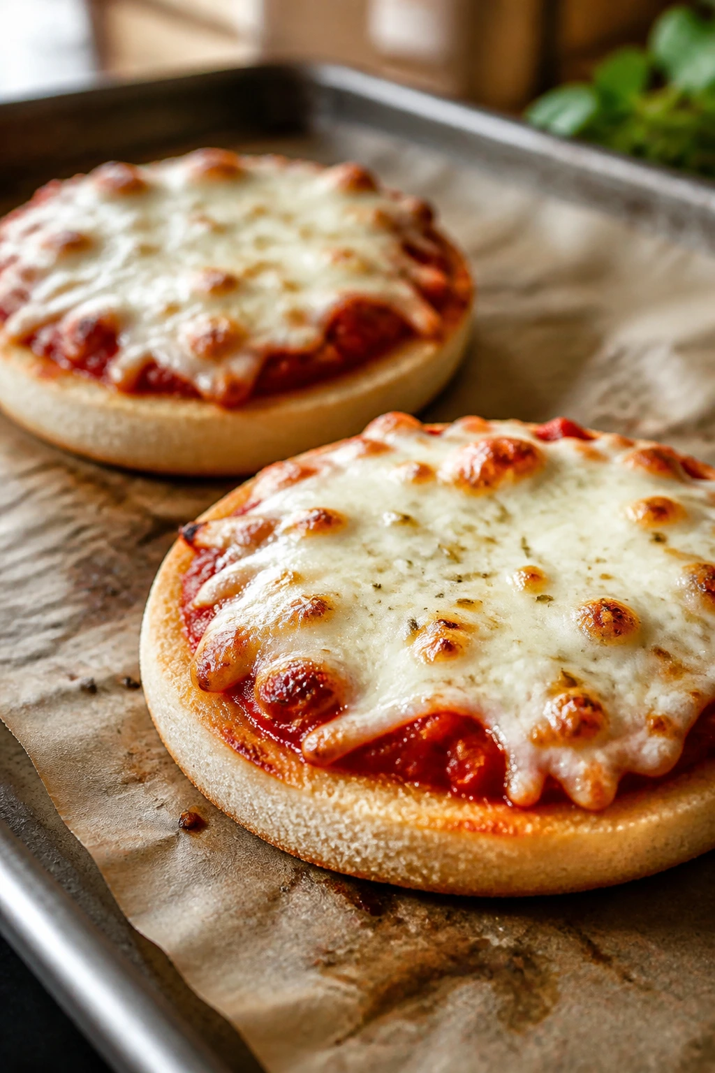 Close-up of English muffin pizzas with sauce and melted cheese on a baking sheet