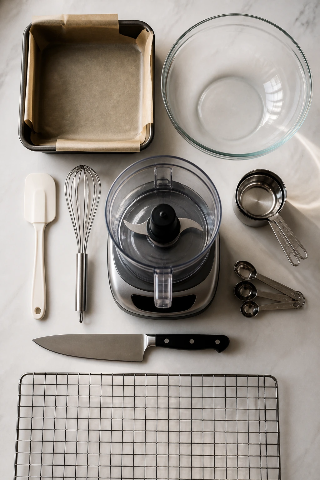 Top-down view of essential baking tools for protein bar recipes on a kitchen counter