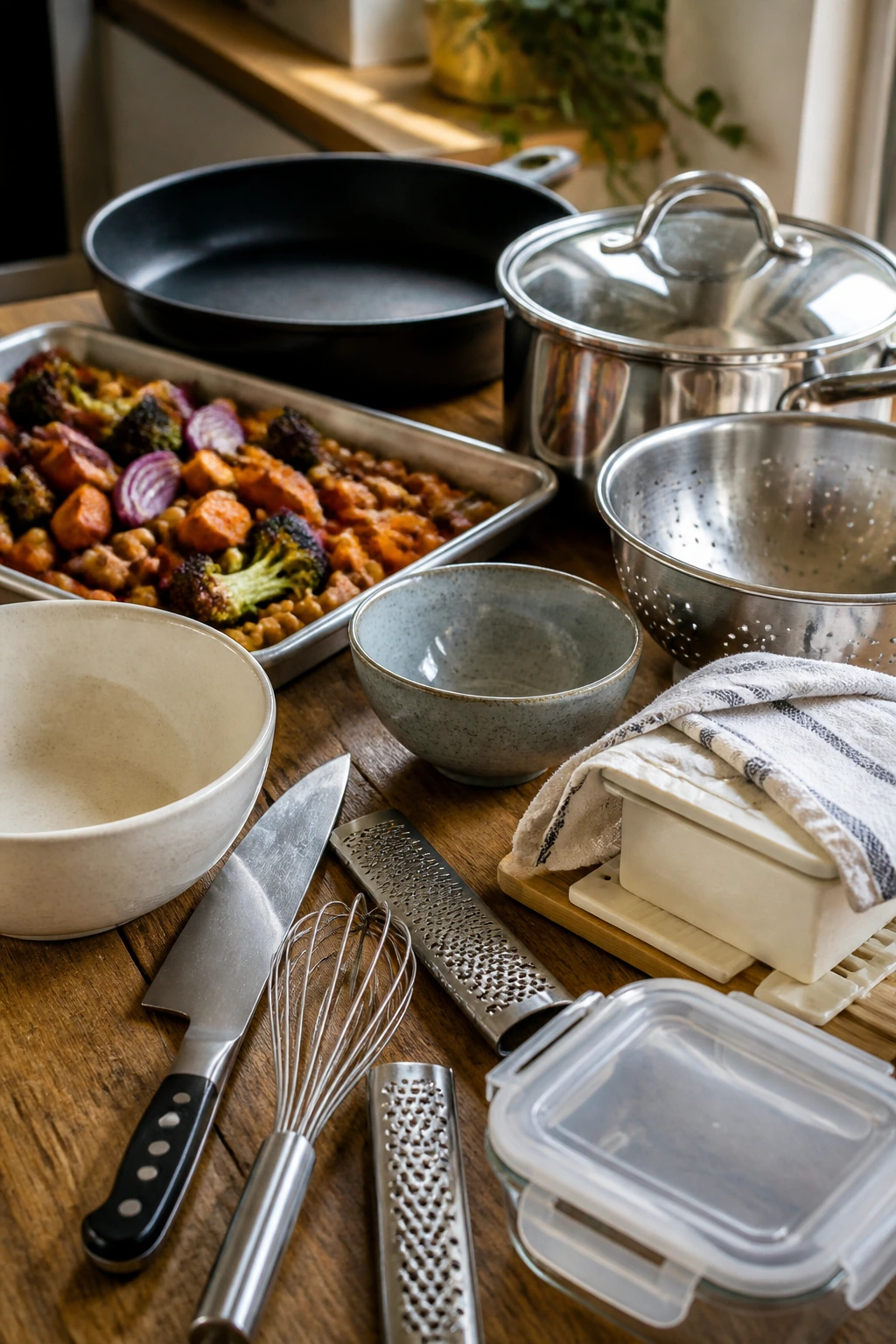 Close-up of essential kitchen equipment on a wooden counter for vegetarian bowls