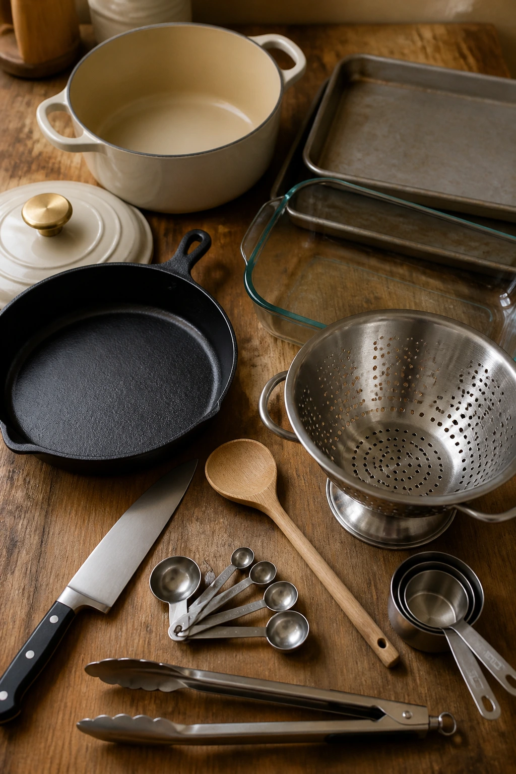 Top-down view of essential cookware and tools on a wooden counter for sausage recipes