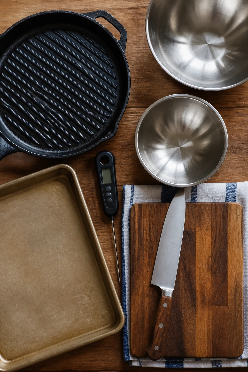 Top-down view of essential kitchen equipment for picnic recipes