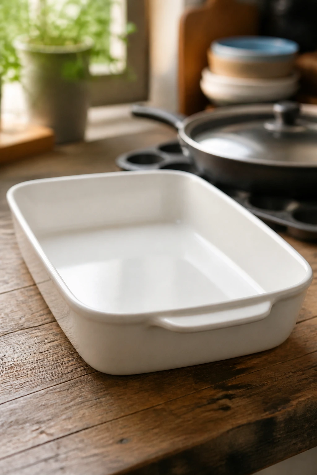 Close-up of a 9x13-inch baking dish on a rustic counter