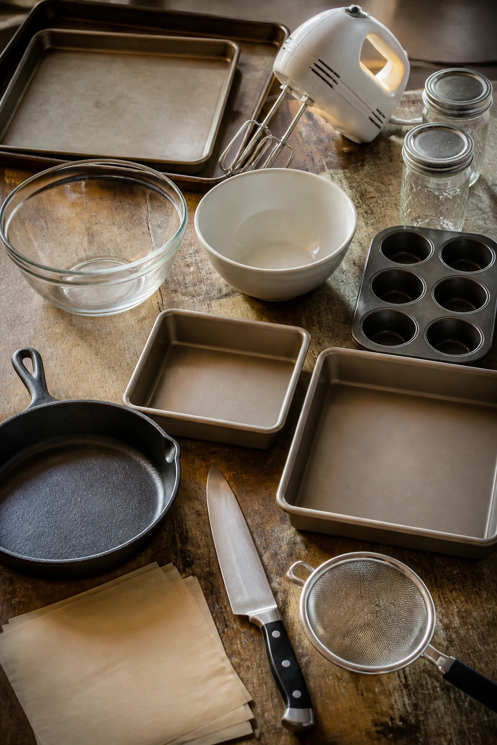 Close-up of essential equipment for no-bake desserts arranged on a kitchen counter