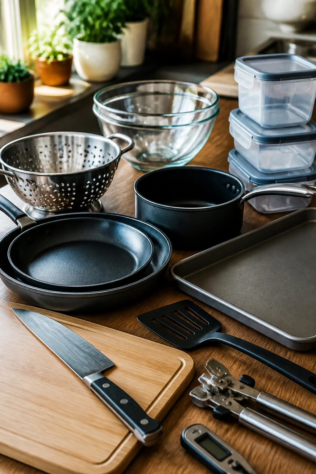 Close-up of essential kitchen equipment arranged on a wooden counter.