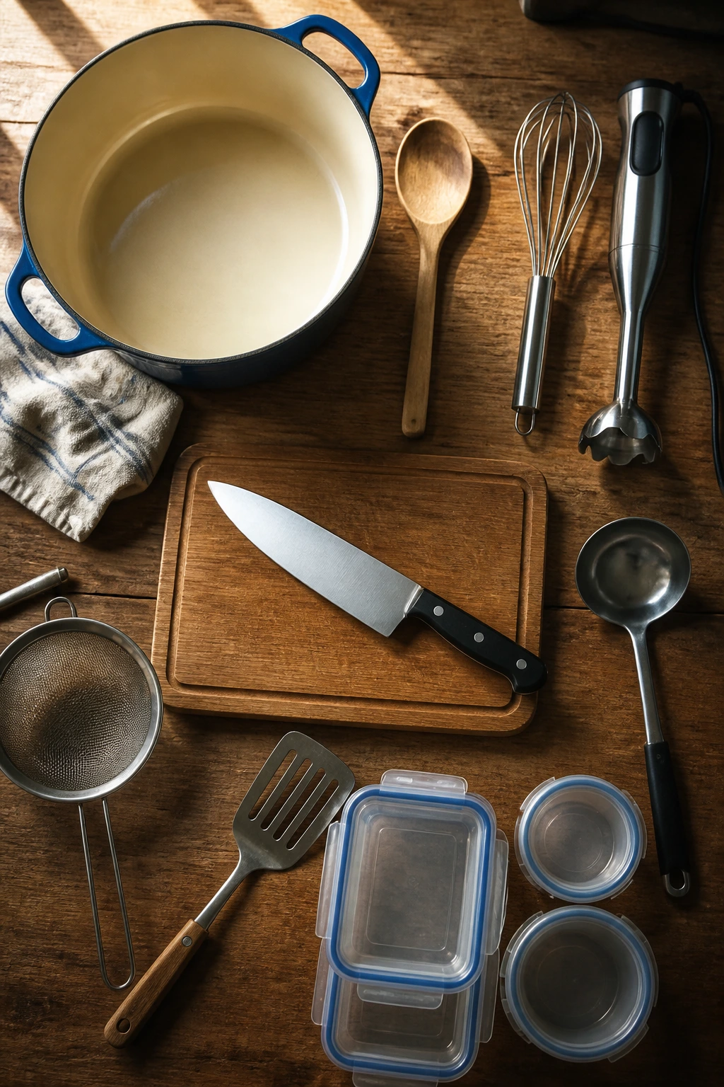 Overhead view of chowder-making tools arranged on a wooden counter