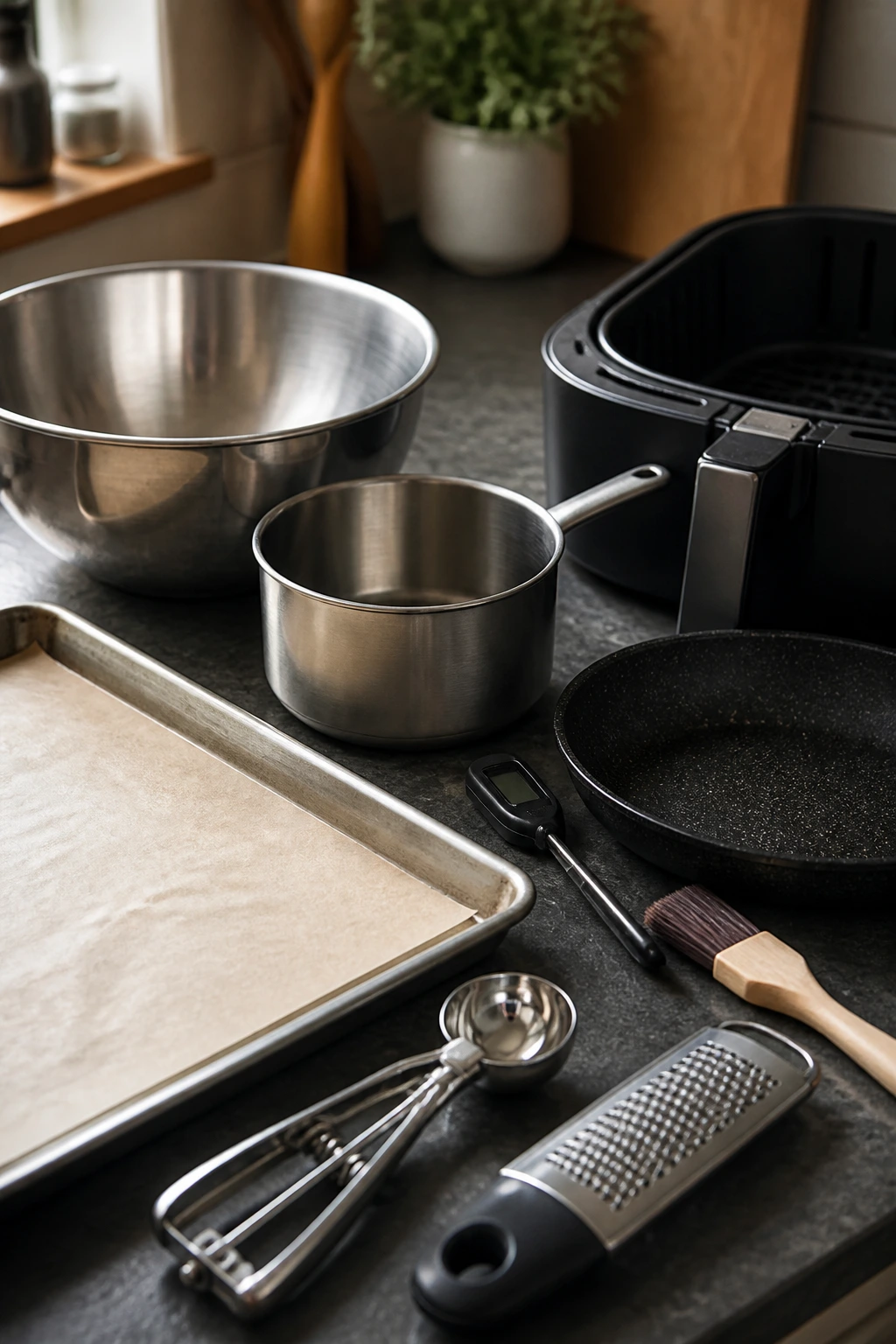 Close-up of essential kitchen tools for meatball recipes on a counter