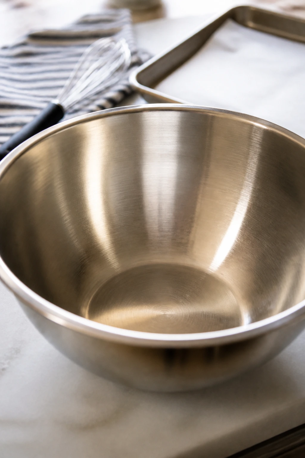 Close-up of a large stainless steel mixing bowl in a bright kitchen
