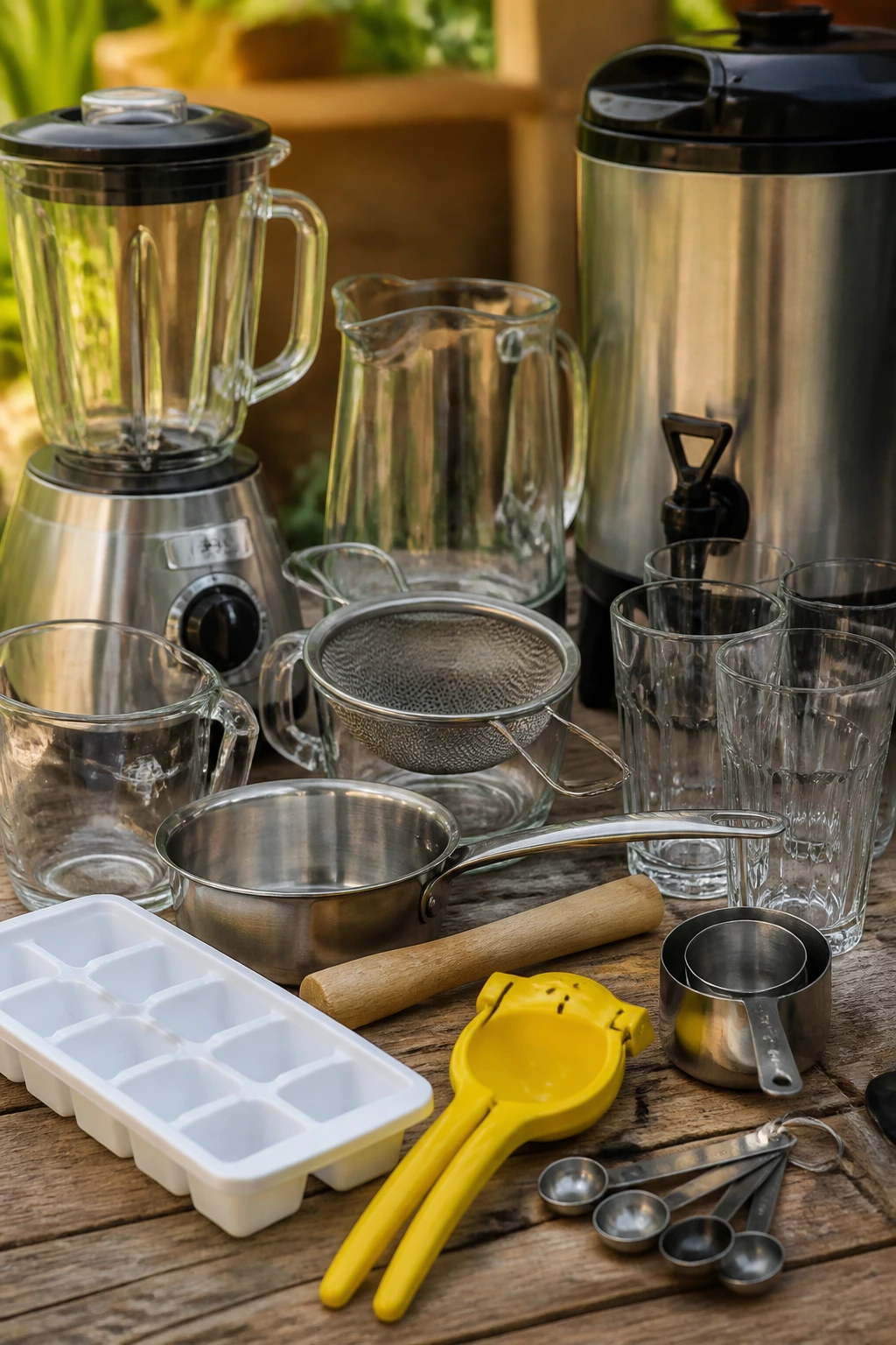 Close-up of essential picnic drink equipment on a wooden table