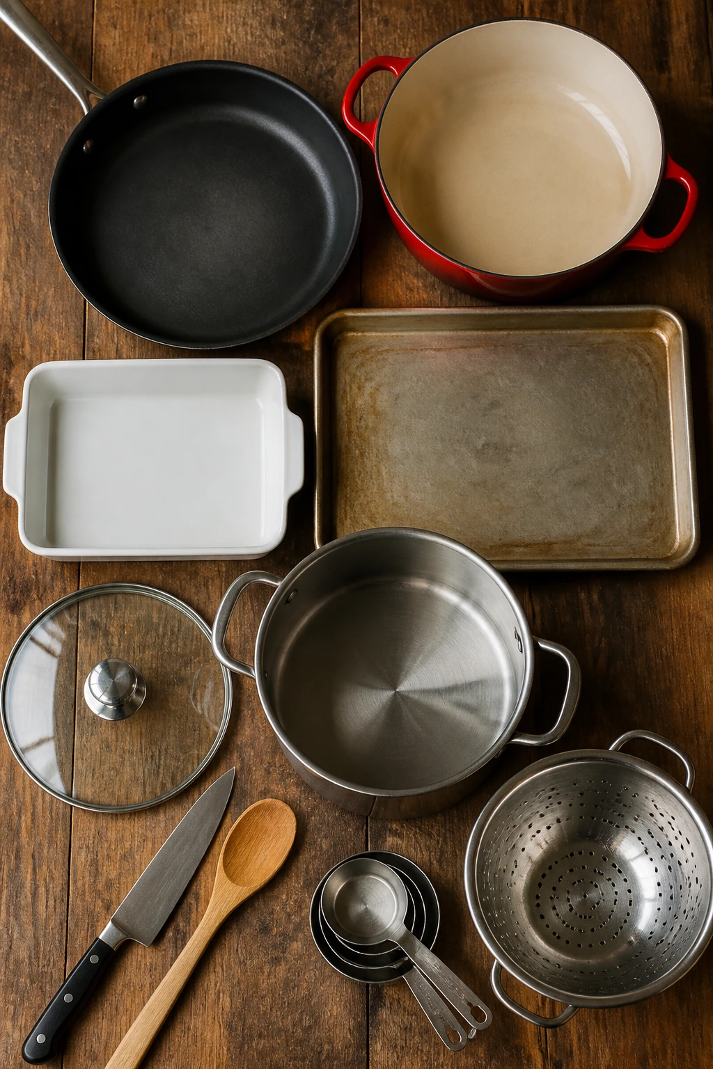 Top-down view of essential sausage cooking equipment on a wooden surface