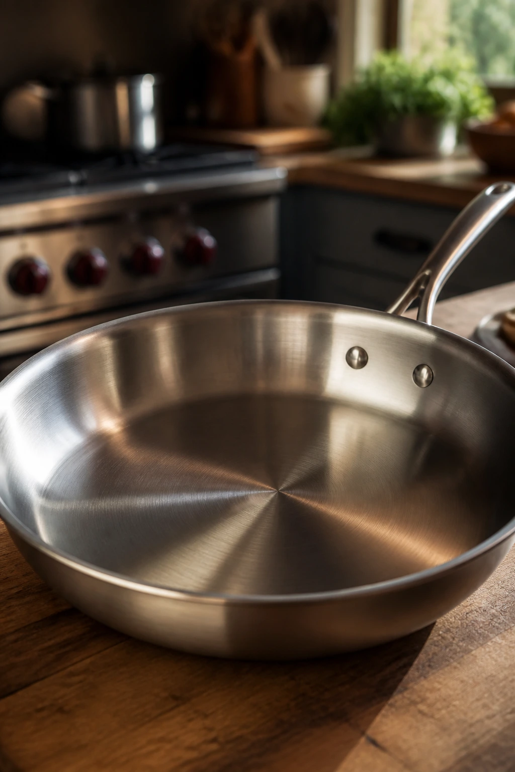Close-up of a large stainless steel skillet on a kitchen counter, representing essential cooking equipment