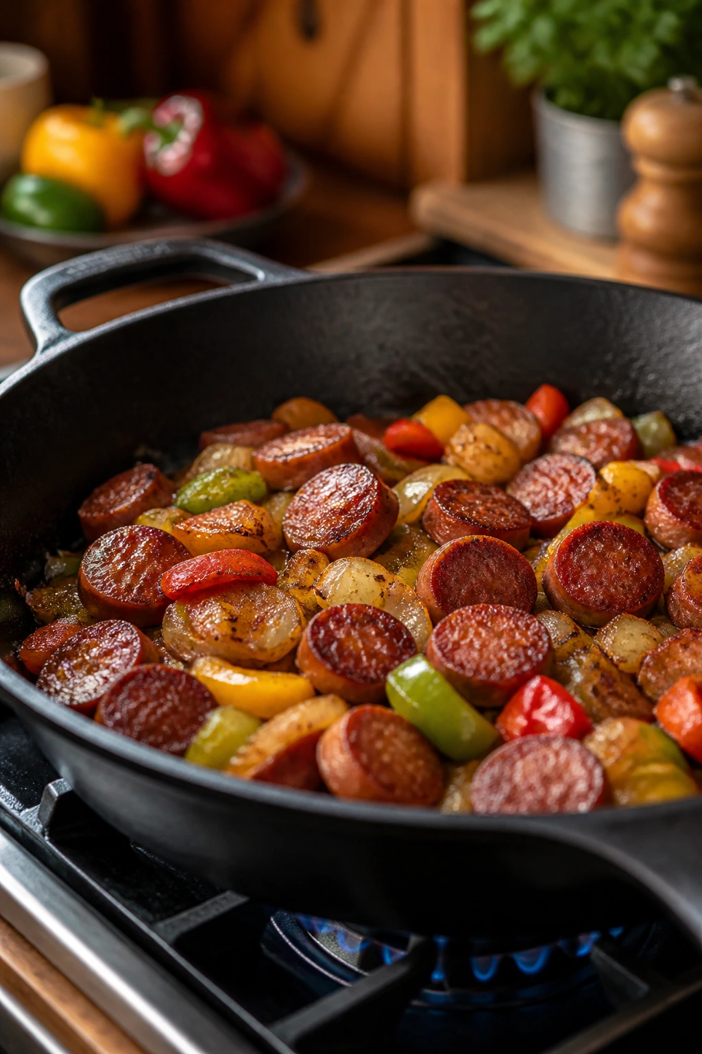 Close-up of a skillet browning sausage on a warm kitchen stove