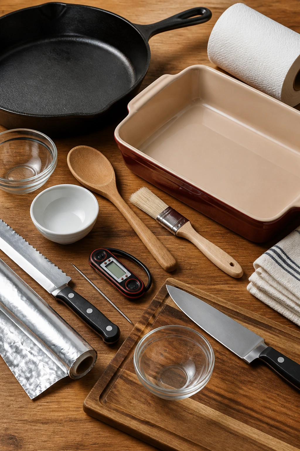 Close-up of essential kitchen equipment for sliders: dish, skillet, knife, brush, thermometer, bowls, foil