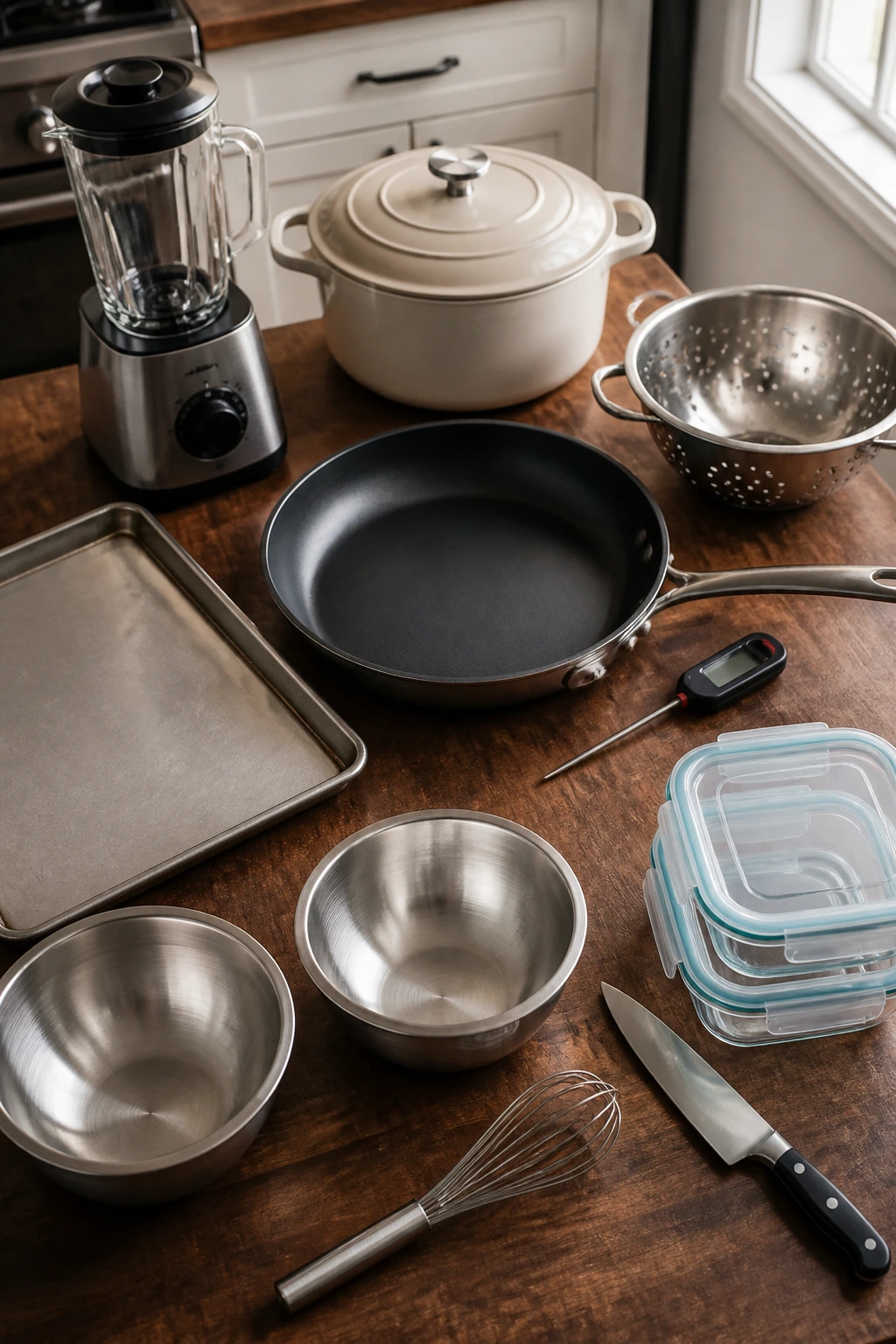 Top-down view of essential cooking equipment on a kitchen counter