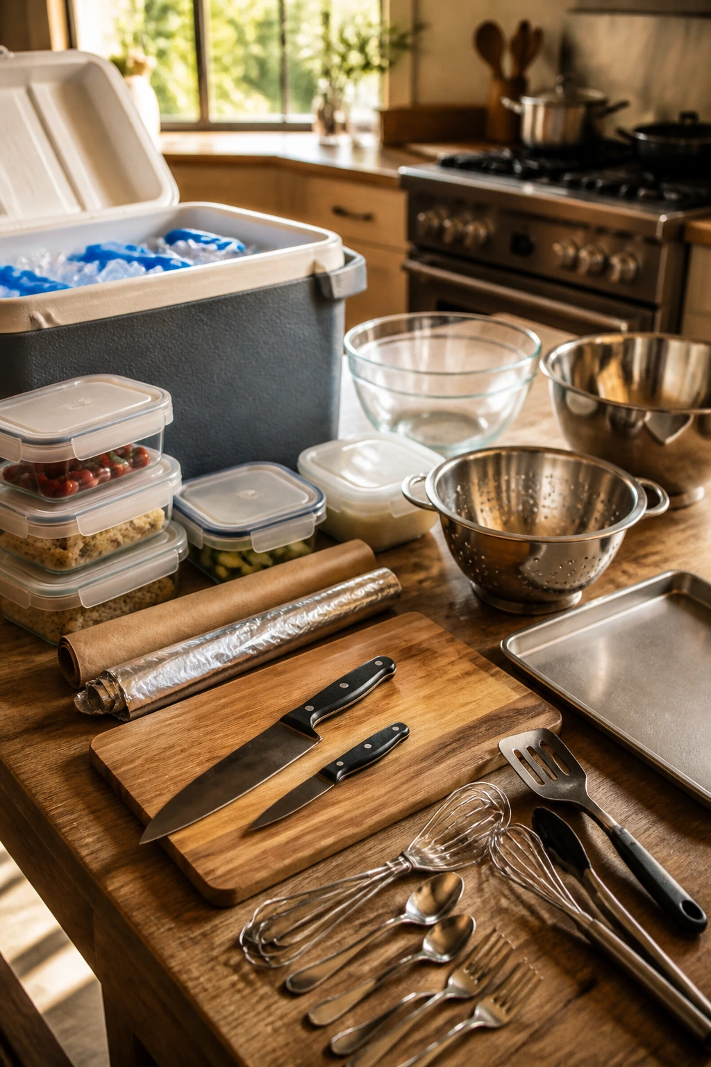 Close-up of essential picnic equipment arranged on a kitchen island