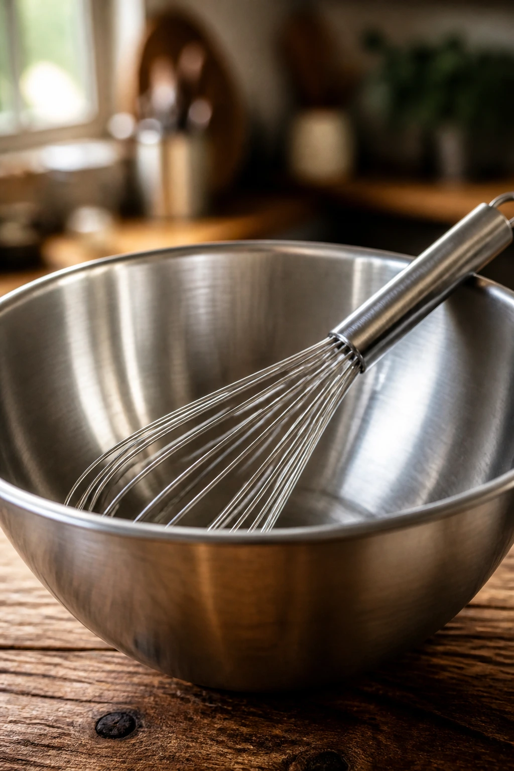 Close-up of essential kitchen equipment: whisk on a large mixing bowl.