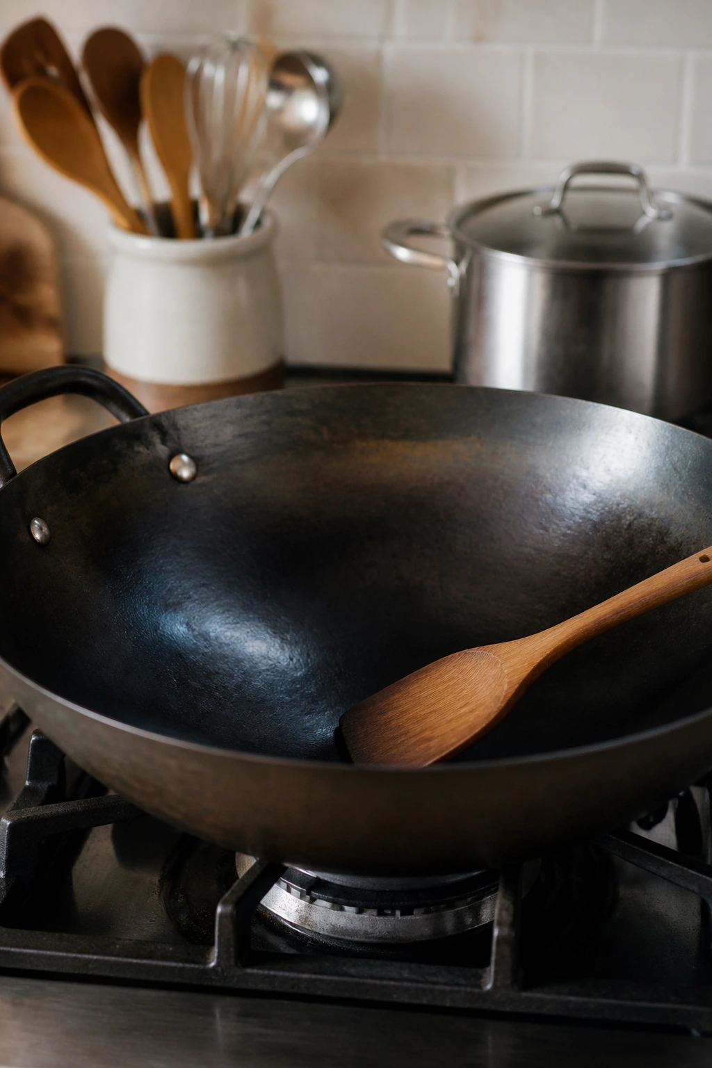 Close-up of a large wok on a stove with a wooden spatula resting inside, kitchen in background