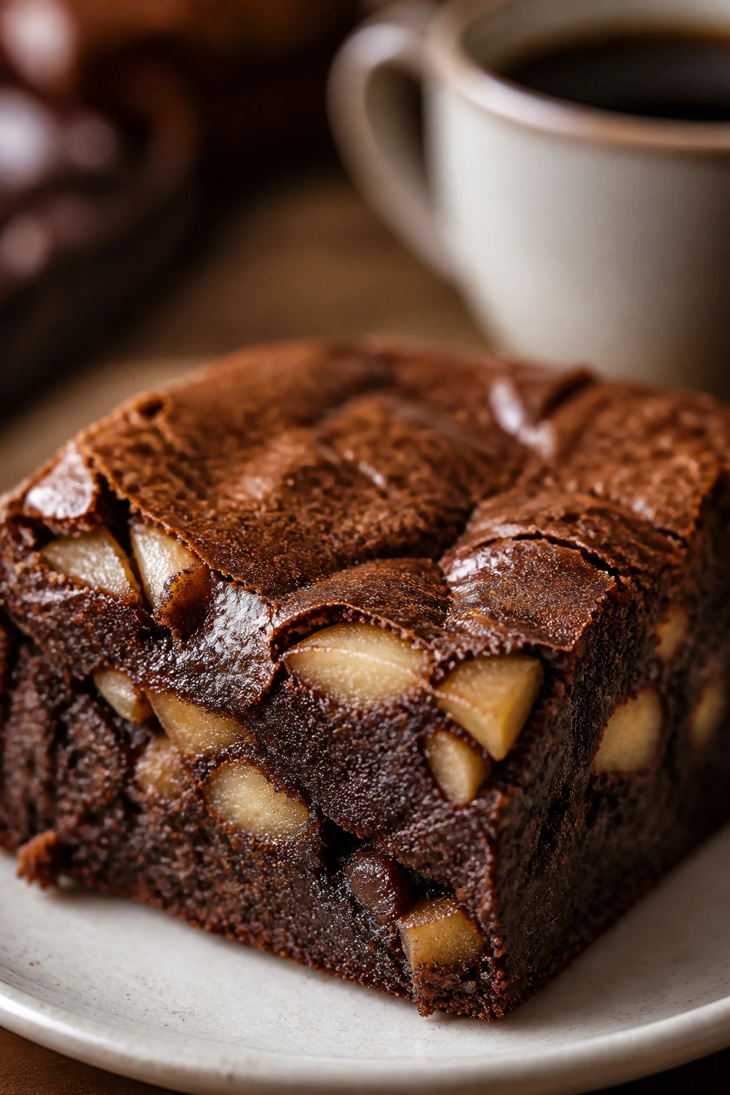 Close-up of espresso apple brownie square with apple pockets and chocolate surface