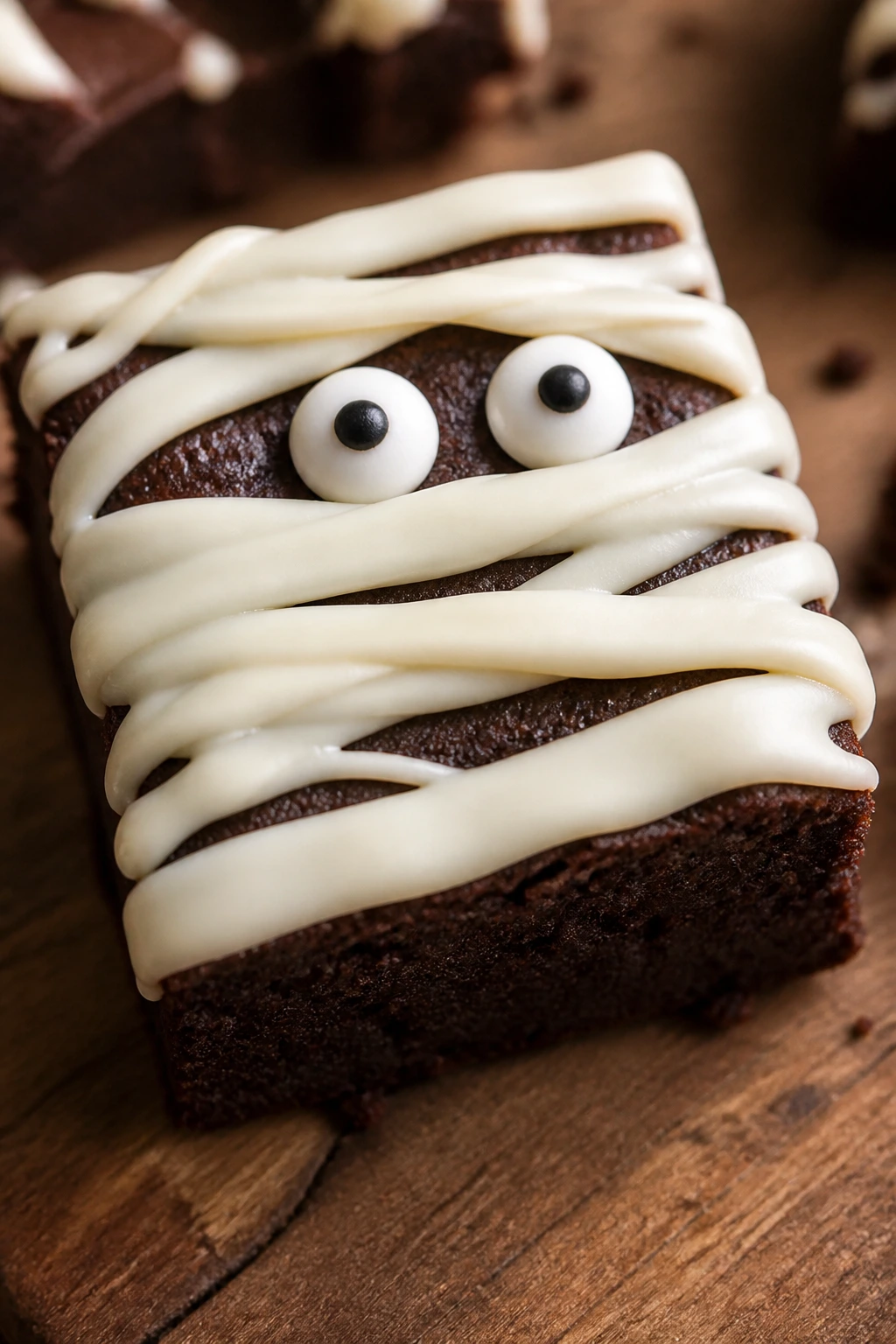 Close-up of espresso-infused mummy brownie on a wooden surface
