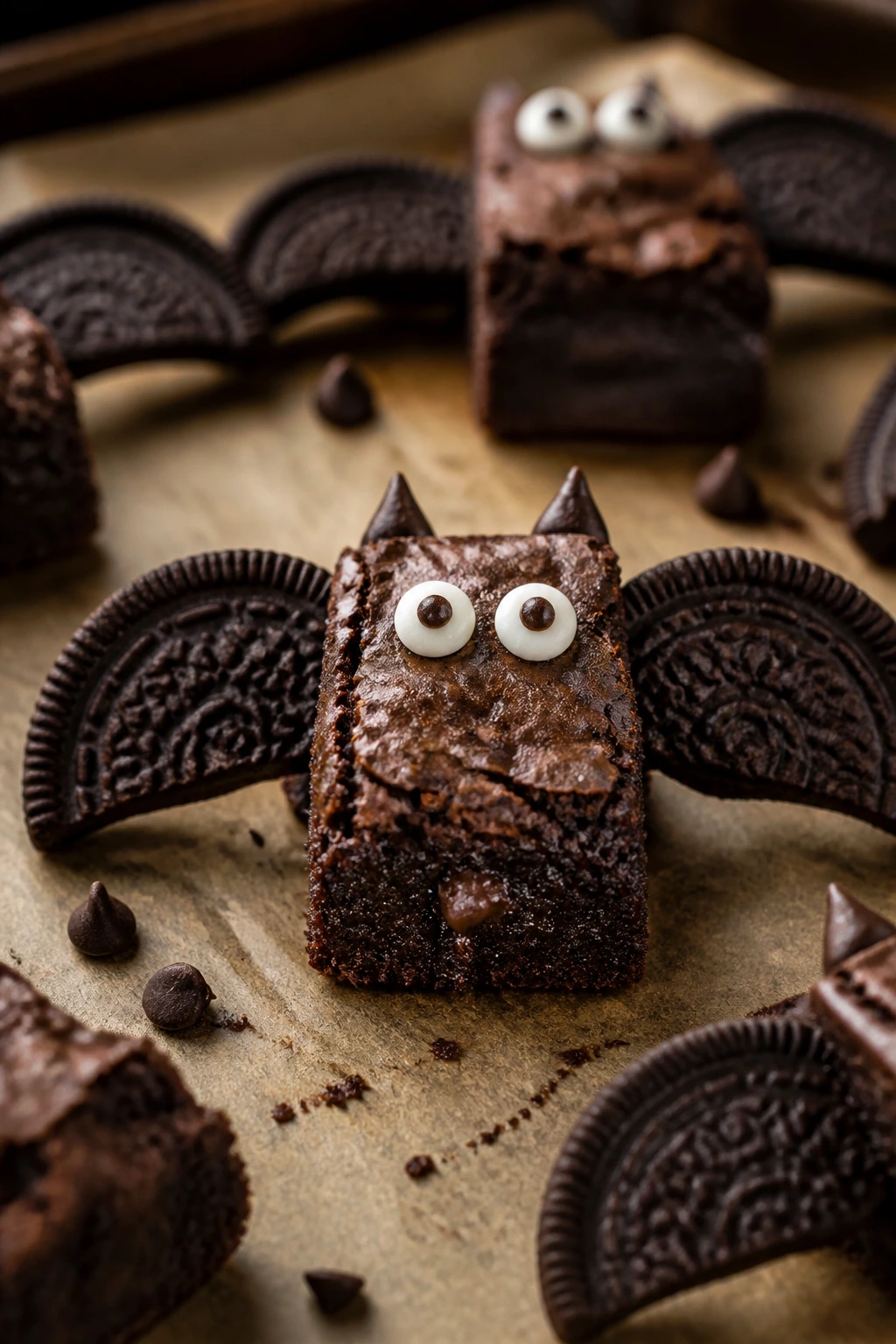 Close-up of espresso fudge bat brownie with Oreo wings and candy eyes