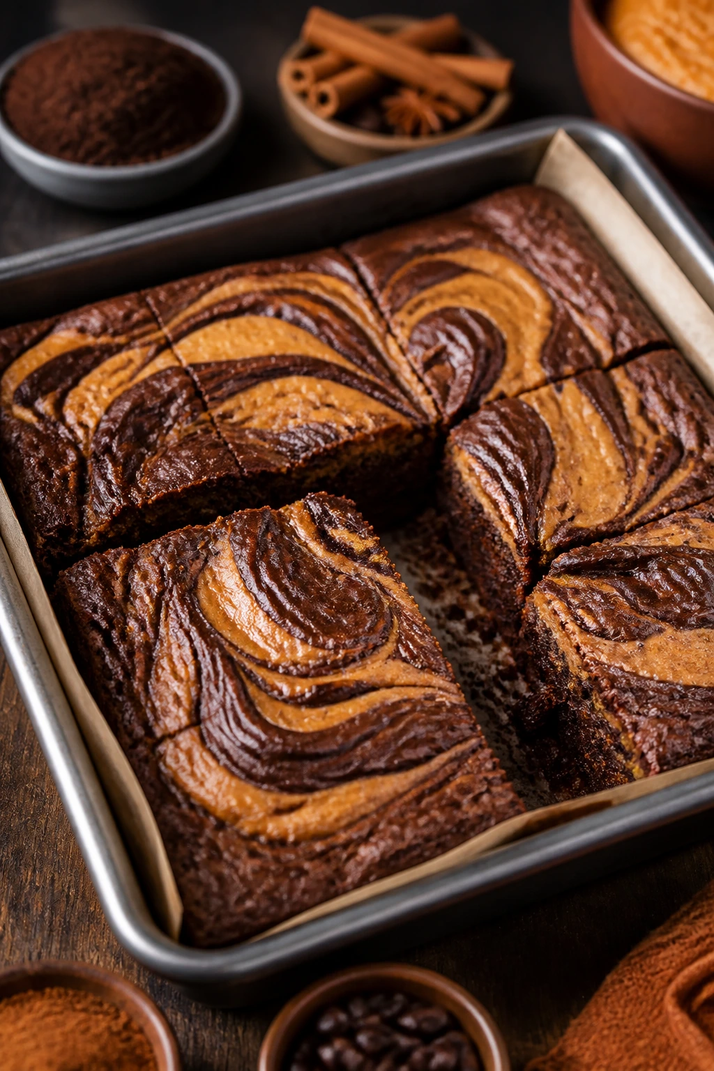 Espresso pumpkin swirl brownie with deep chocolate and orange swirl