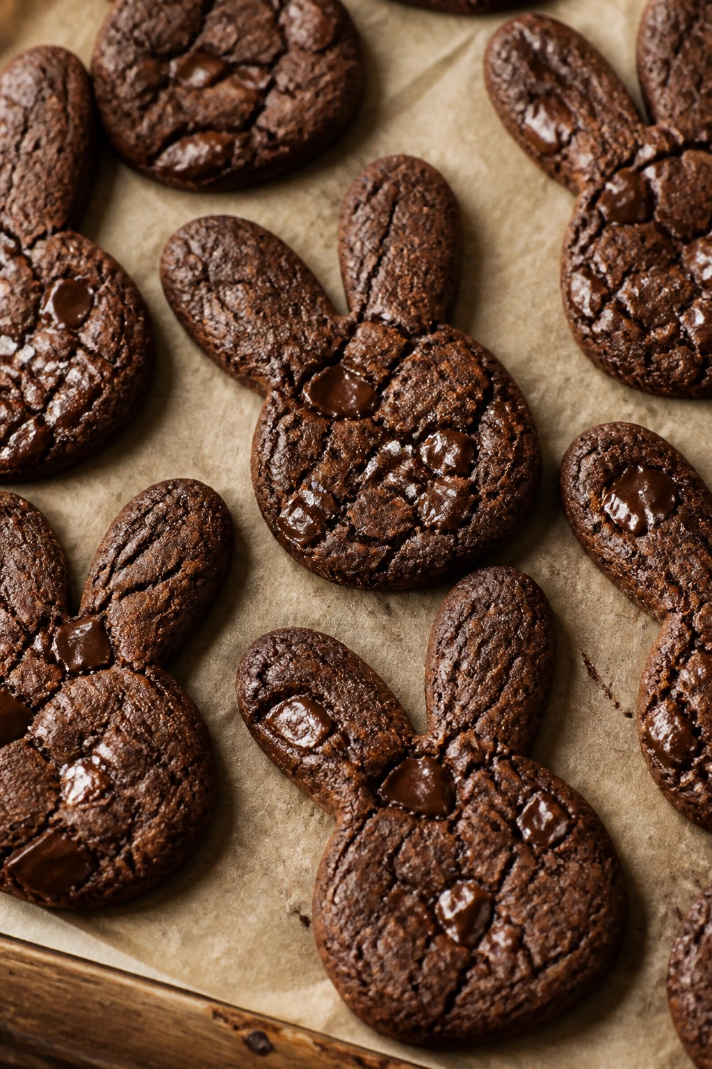 Close-up of espresso-infused chocolate bunny cookies on parchment in a warm kitchen