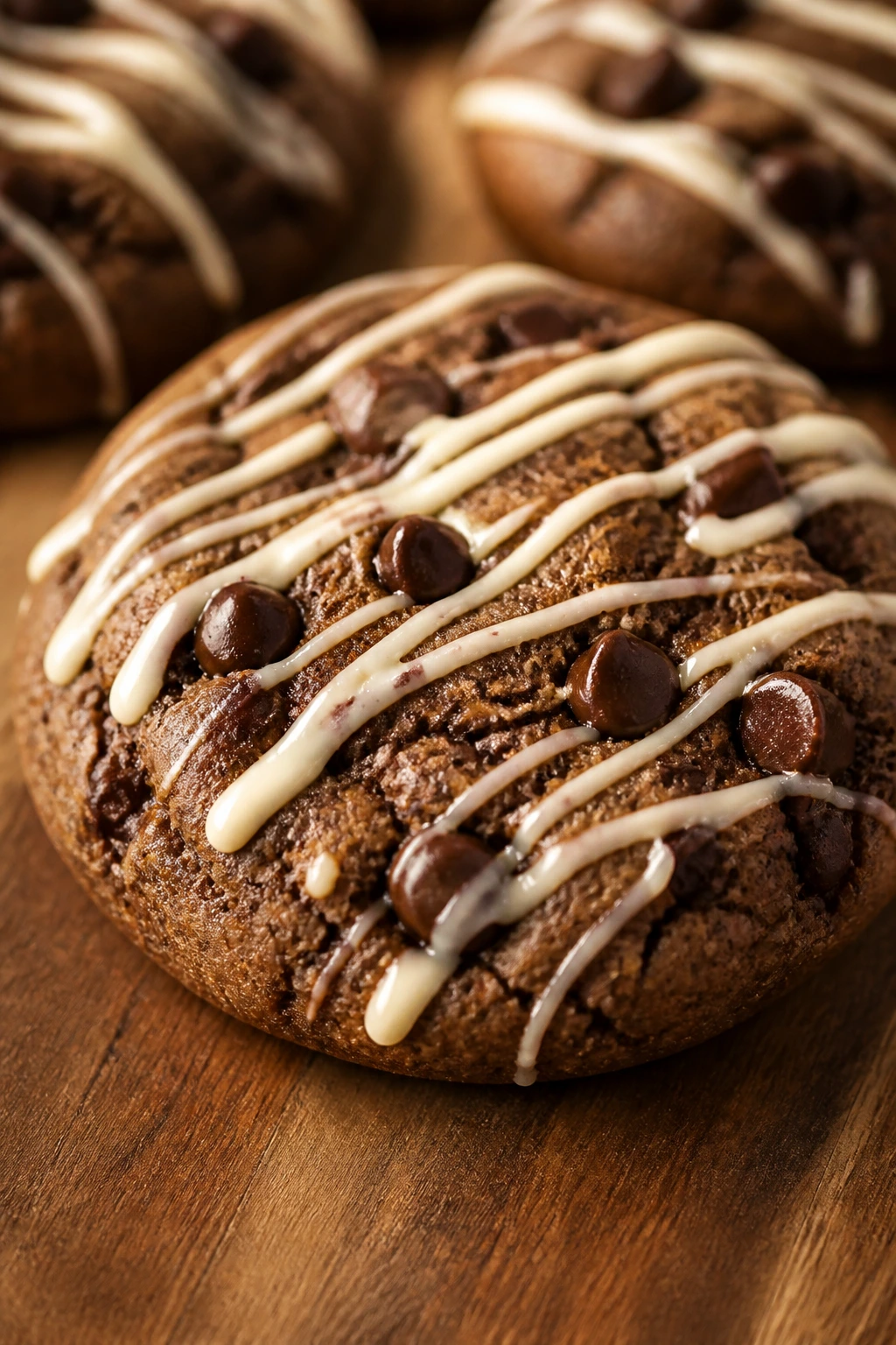 Close-up of espresso chocolate chip cookie with white drizzle on a wooden surface