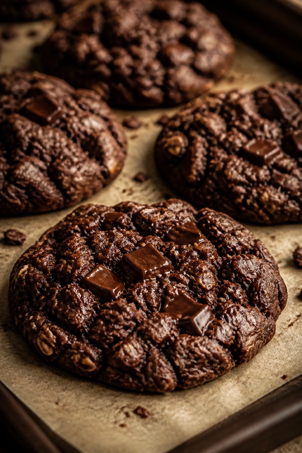 Close-up of Espresso Chocolate Oatmeal Cookies with chocolate chunks