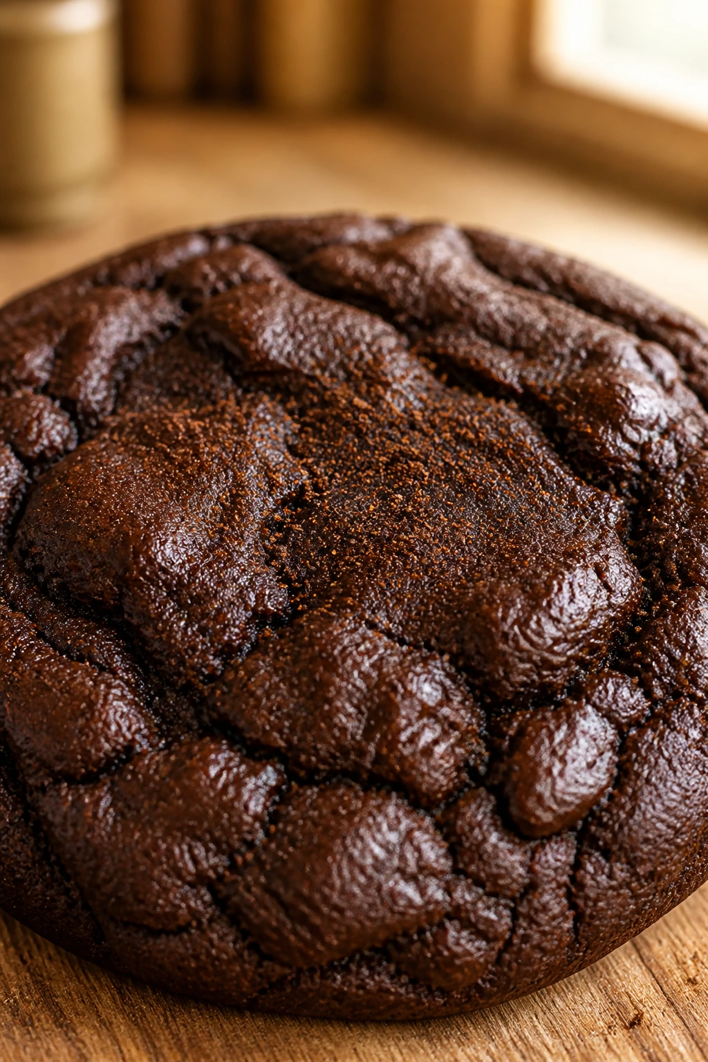 Close-up of espresso cocoa cookie with espresso specks on a warm kitchen counter