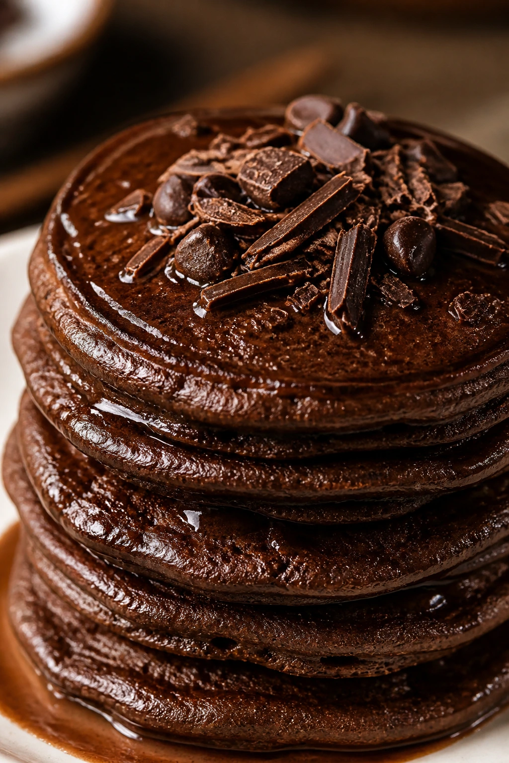Close-up of espresso cocoa pancakes on a plate