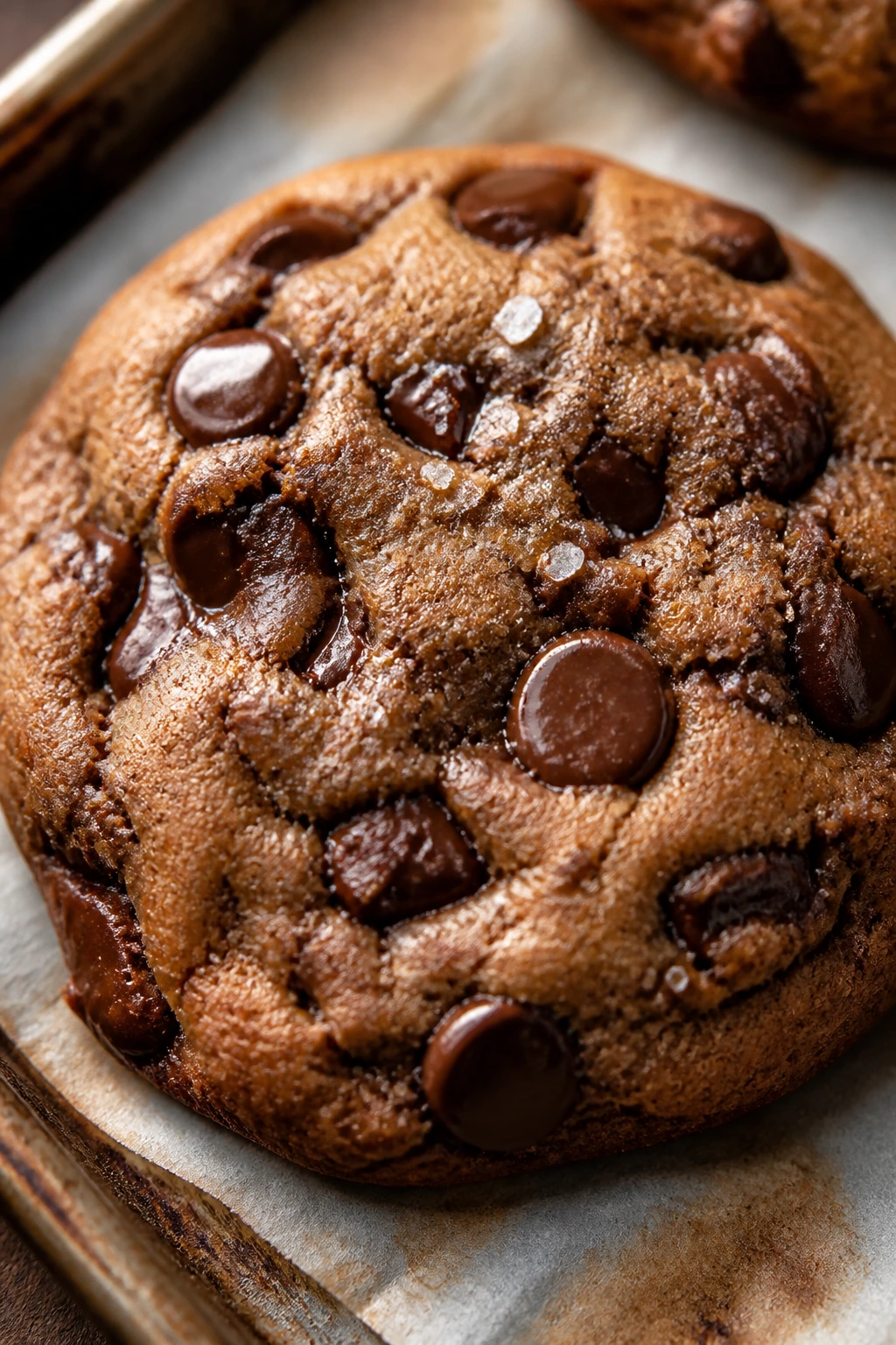 Close-up of an espresso chocolate chip cookie on parchment in a warm kitchen