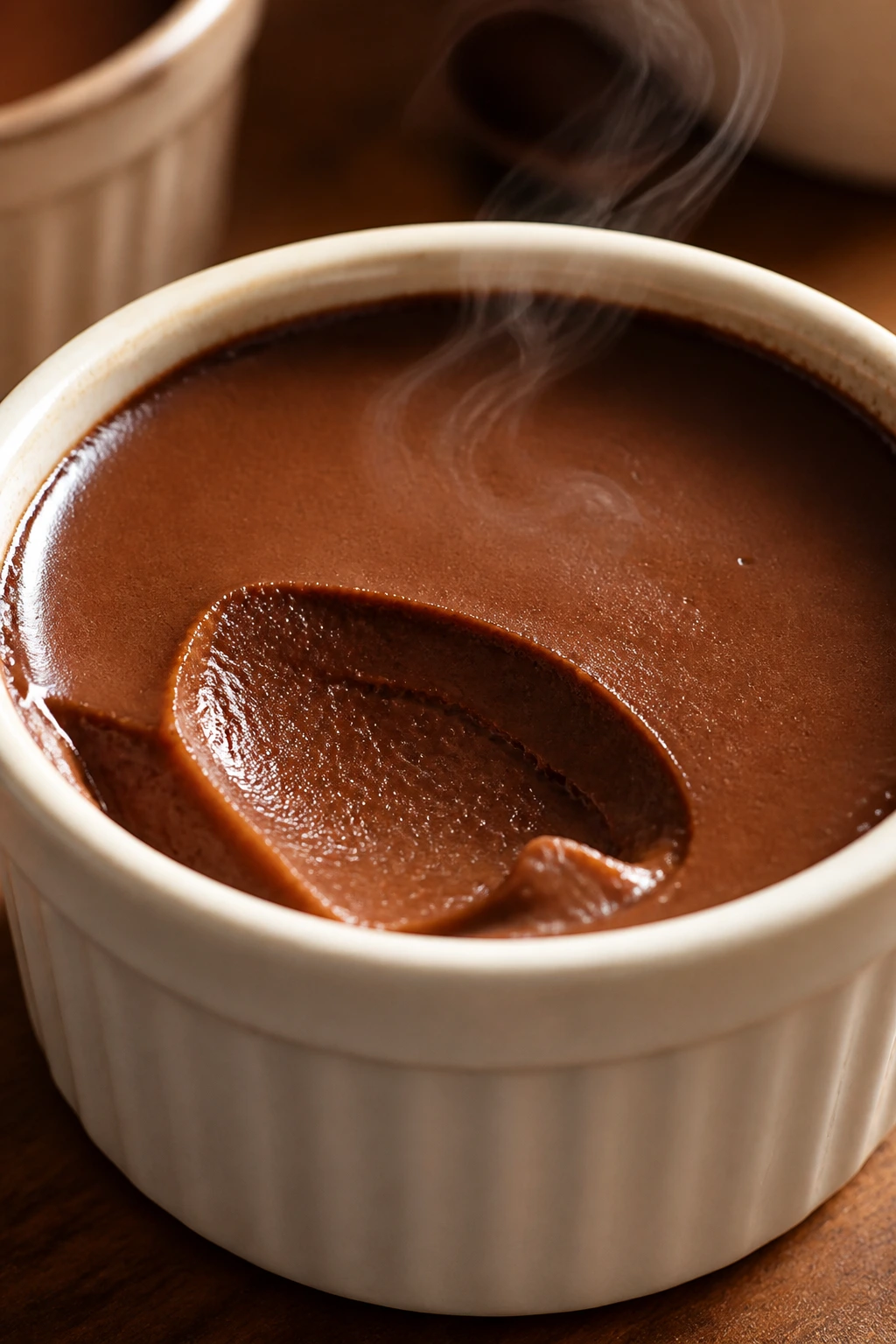 Ramekin of espresso chocolate pots de creme with glossy surface
