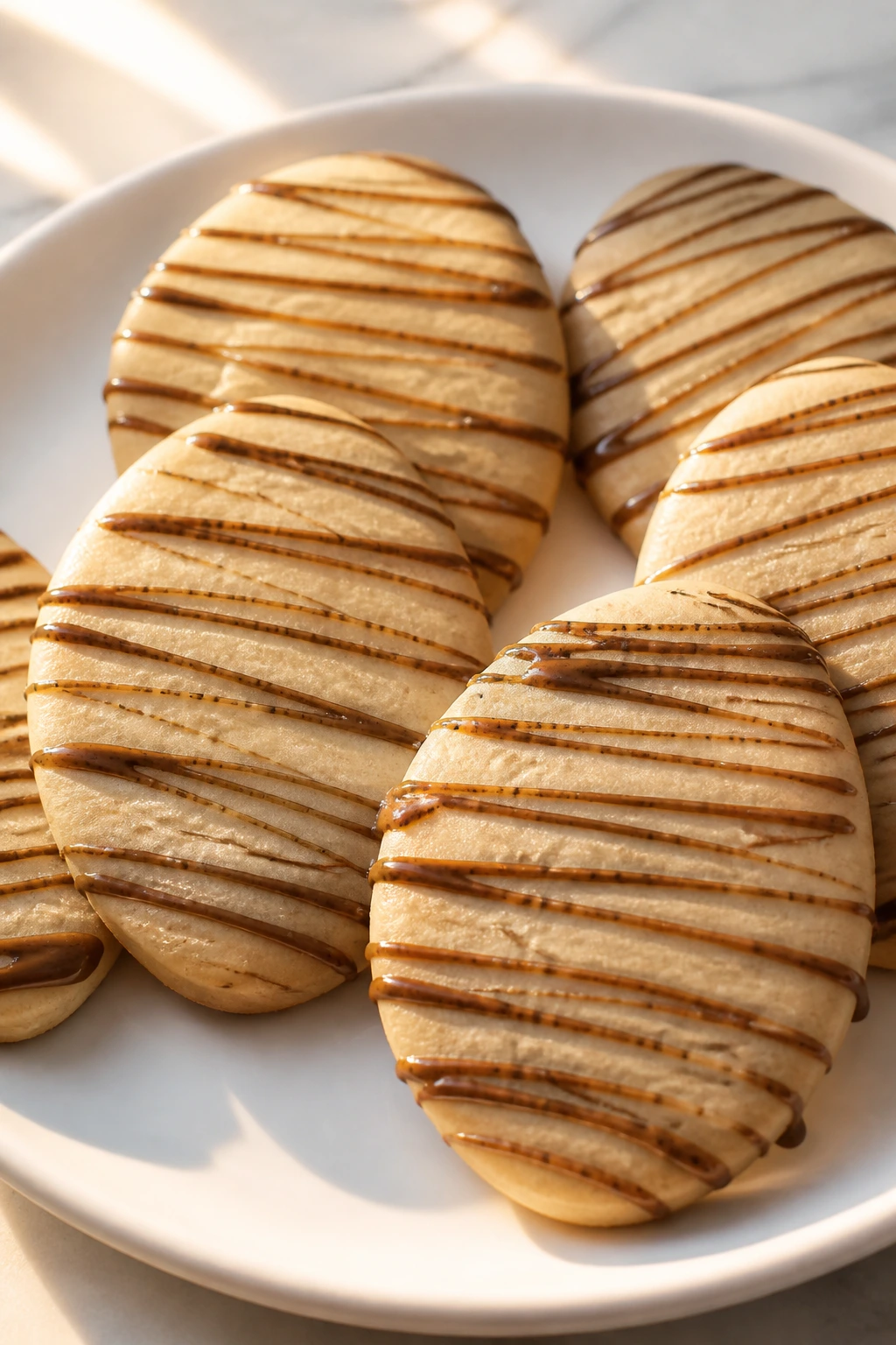 Espresso drizzle Easter egg cookies on a plate in a warm kitchen