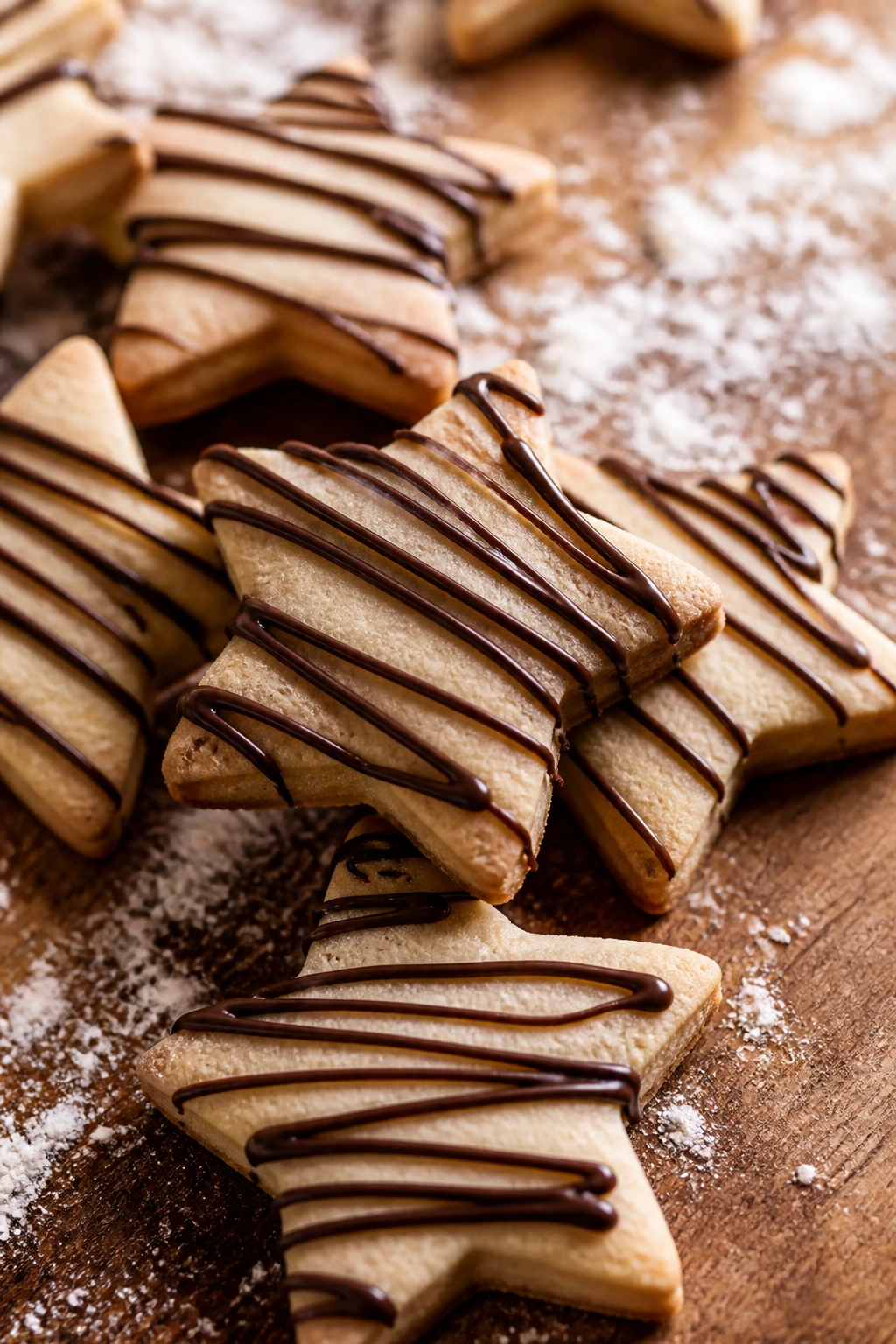 Close-up of espresso-drizzled star cookies on a wooden board in a warm kitchen