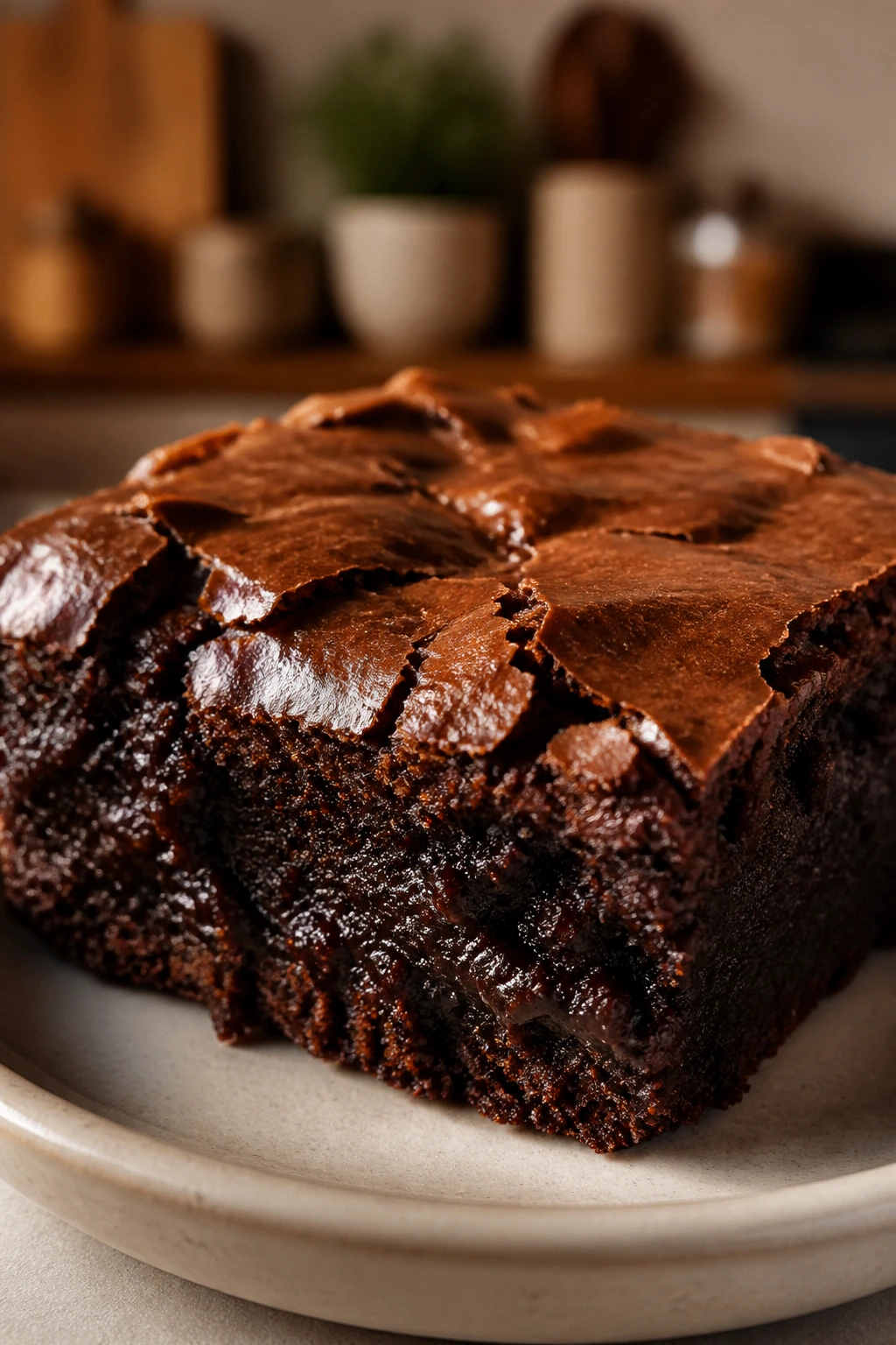 Close-up of espresso fudge brownie with glossy surface and espresso edge on a plate