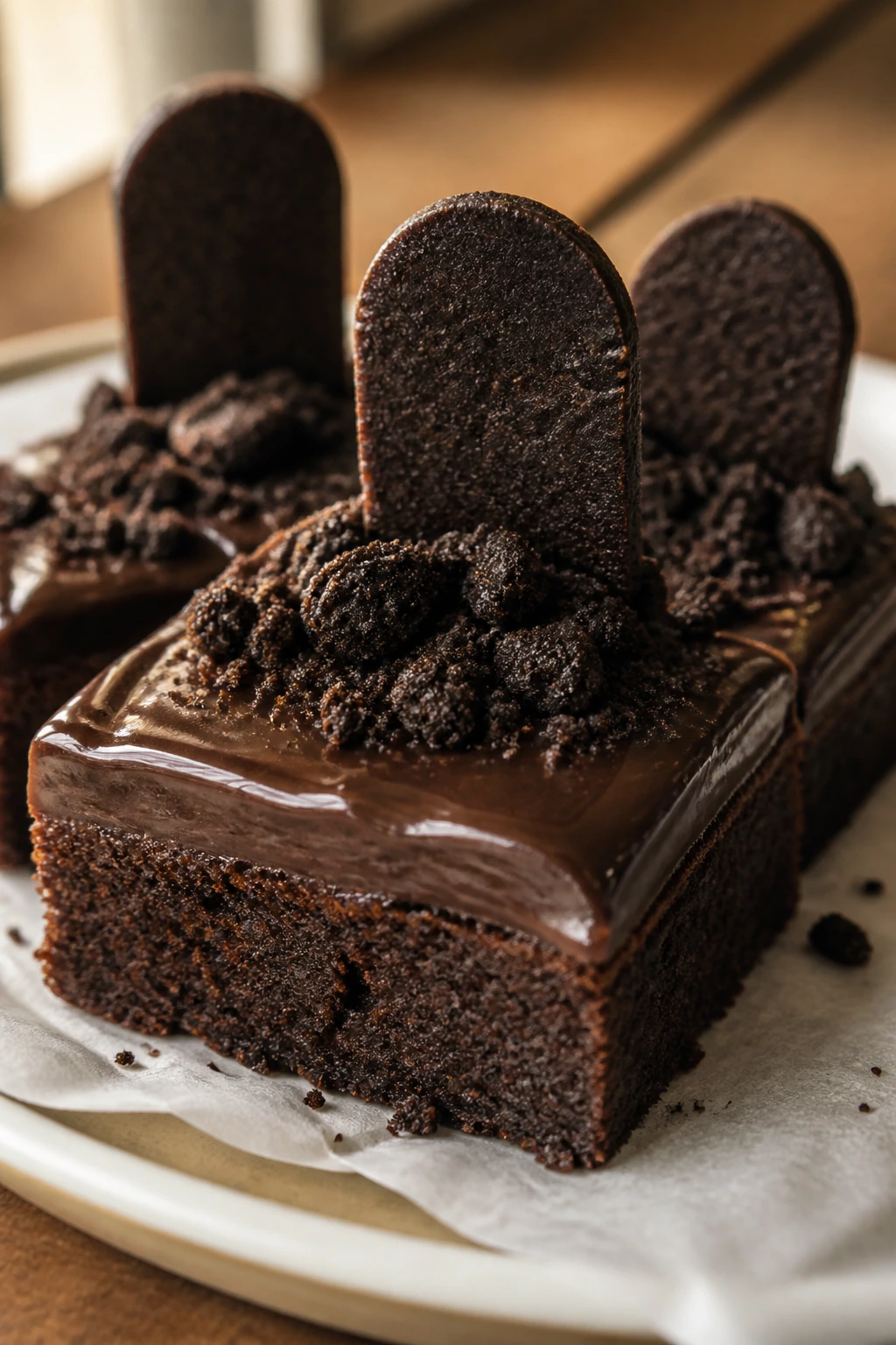 Close-up of Espresso Fudge Graveyard Brownies with glossy top and tombstone cookies