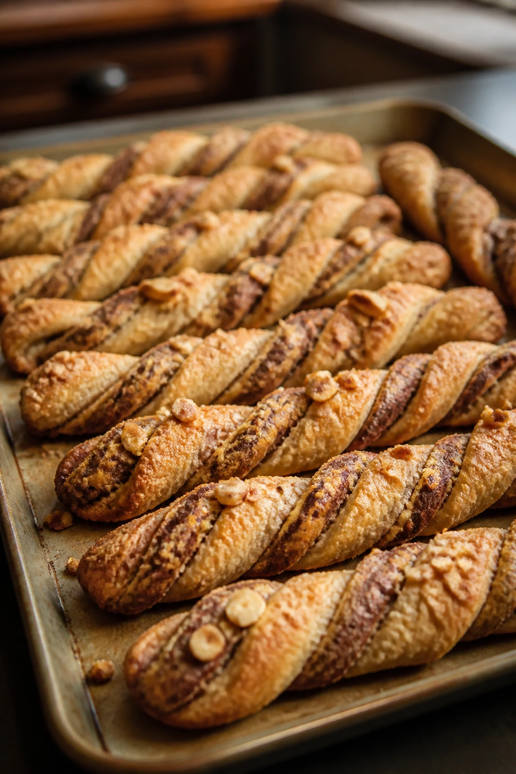 Twisted espresso hazelnut cookies on sheet.