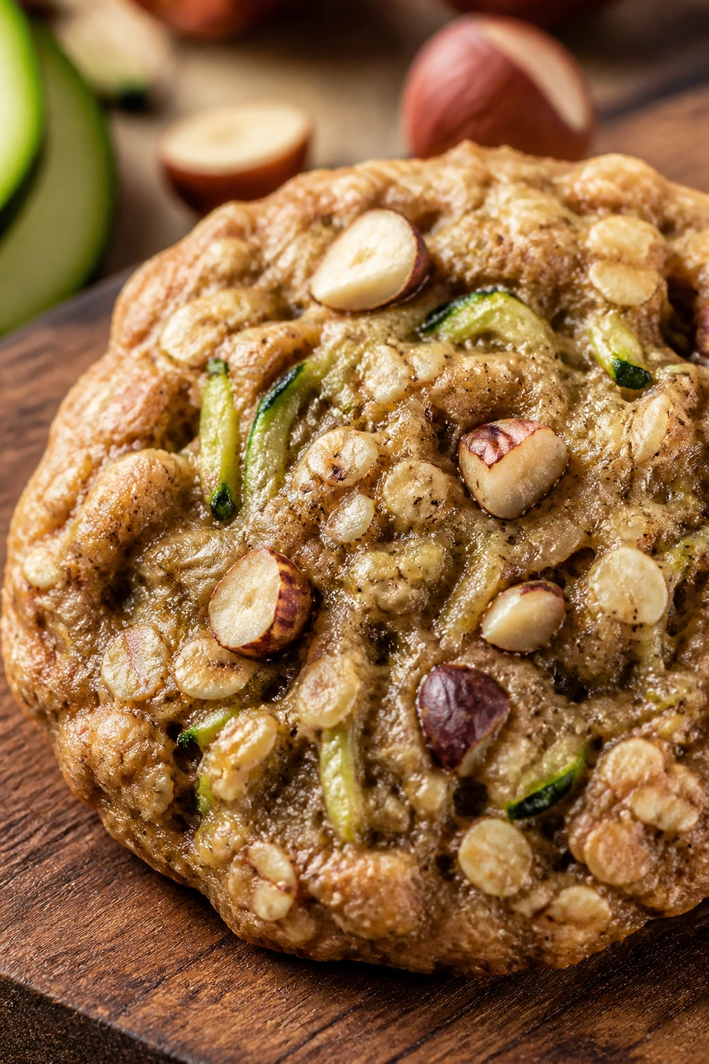 Close-up of an espresso-hazelnut zucchini oatmeal cookie on a wooden board