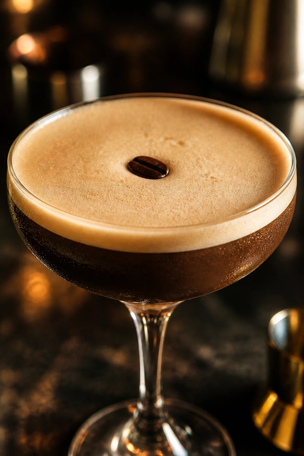 Frothy espresso martini in coupe with coffee bean garnish