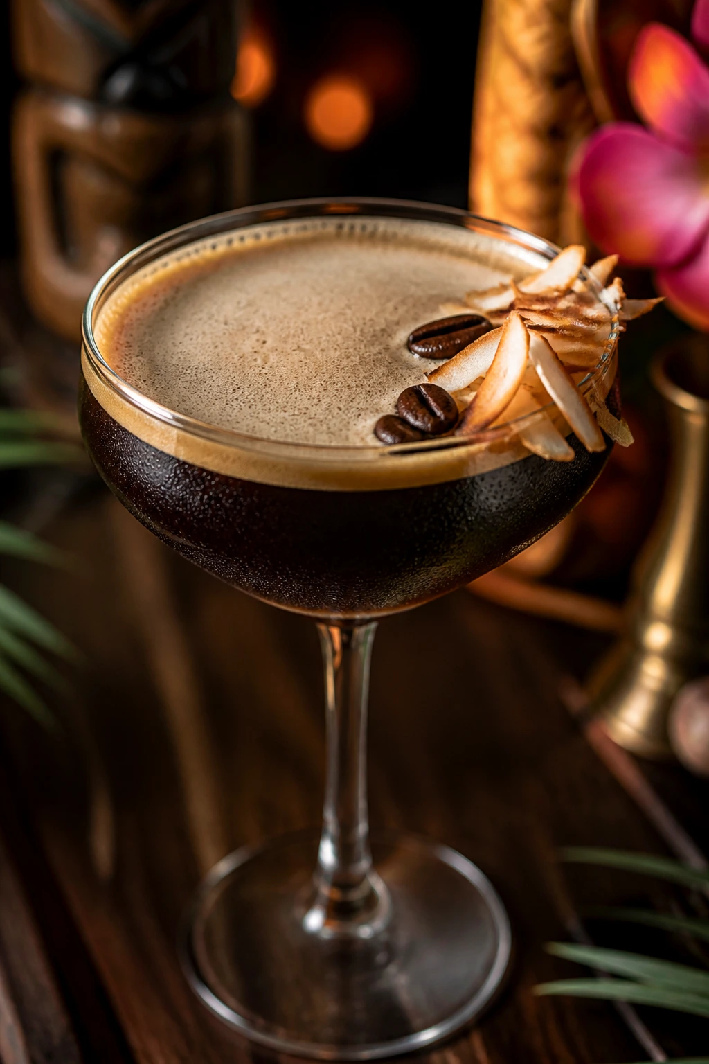 Close-up of a dark coconut espresso tiki martini in a coupe with tropical bar backdrop