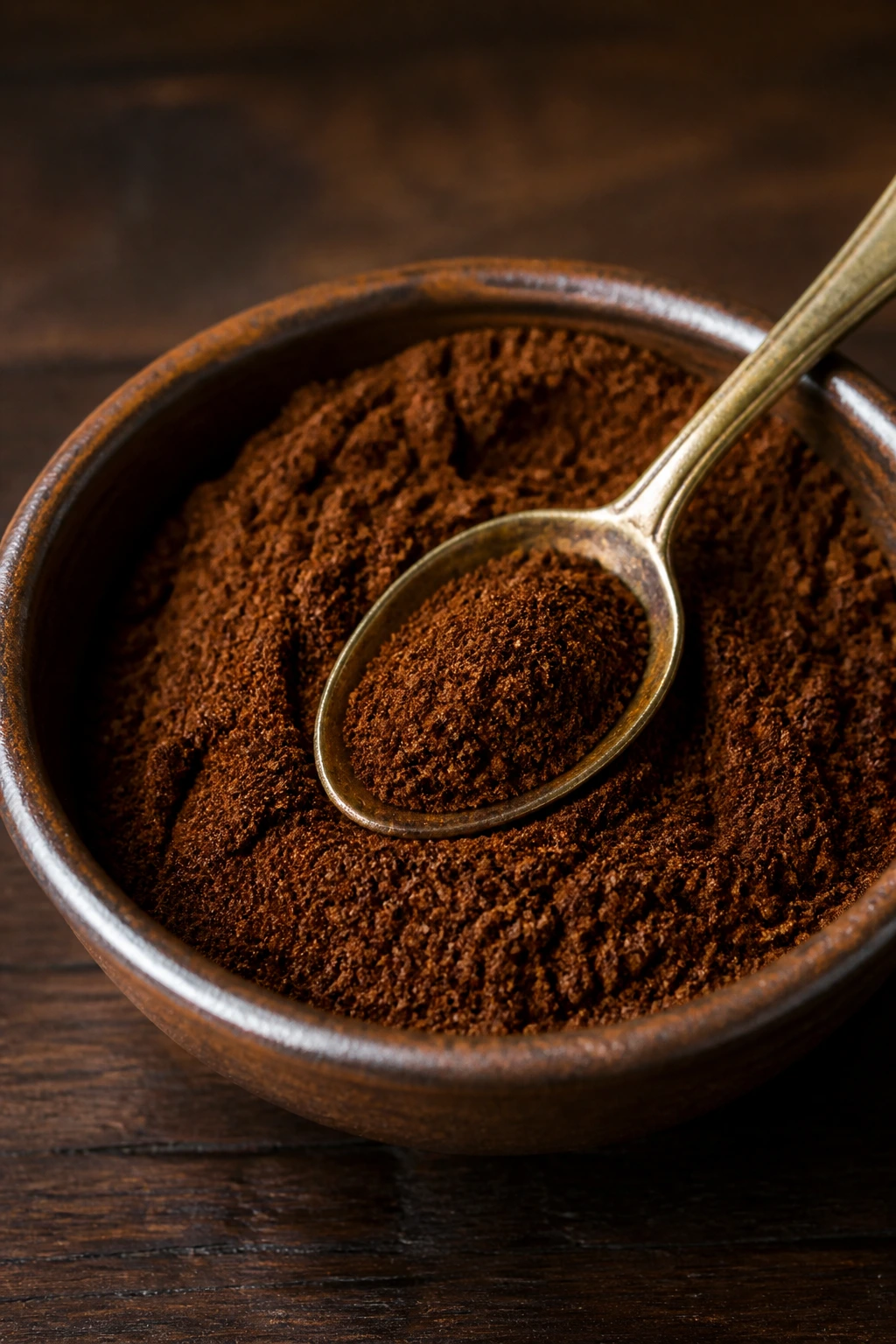 Espresso powder in a small dish with a spoon on a dark surface.