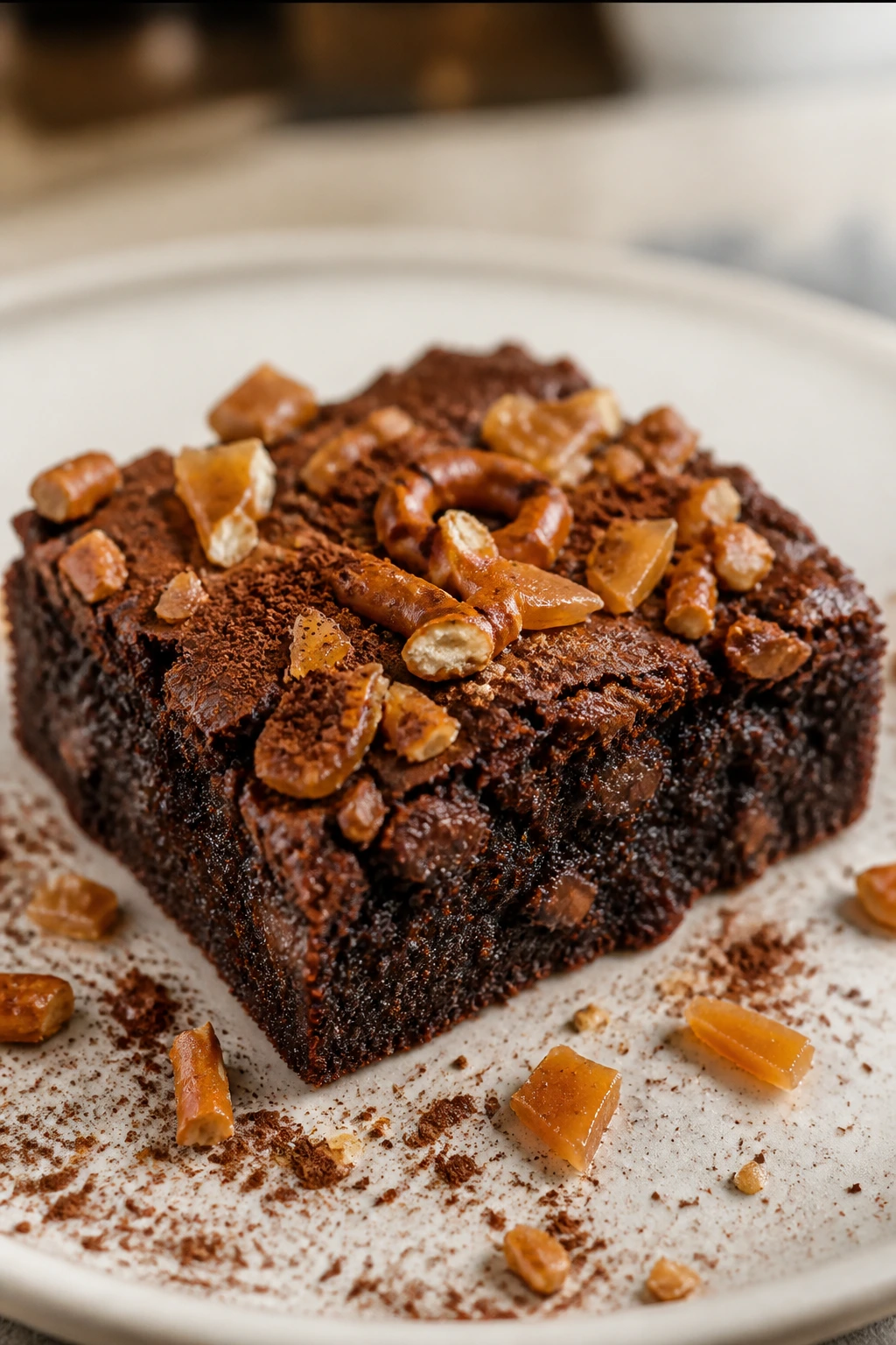 Close-up of a brownie with espresso powder and crunchy toppings on a pale plate