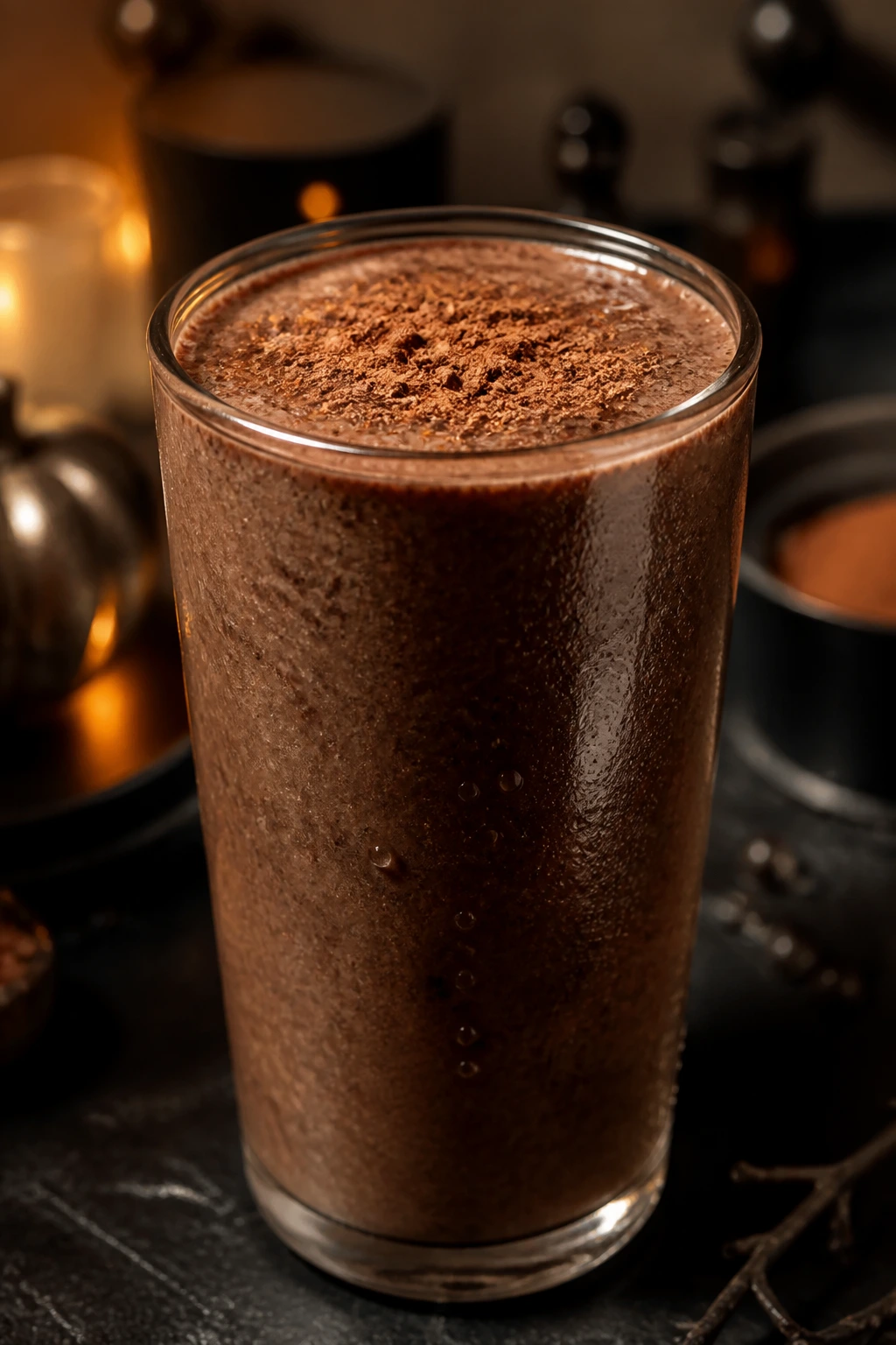 Close-up of an Espresso Midnight Smoothie in a tall glass with cocoa dust on top on a dim Halloween counter