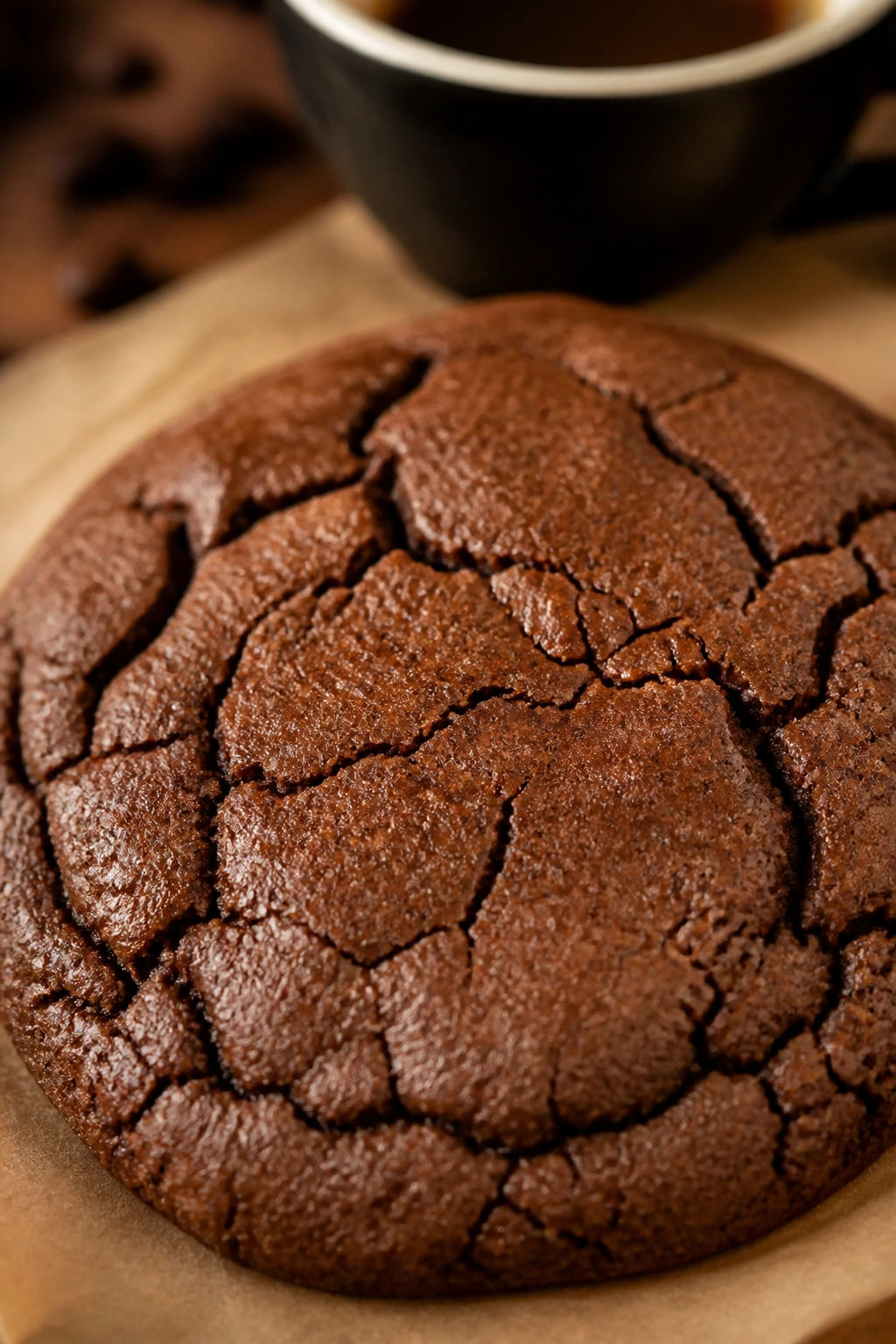 Close-up of an espresso sugar cookie in a cafe-style kitchen