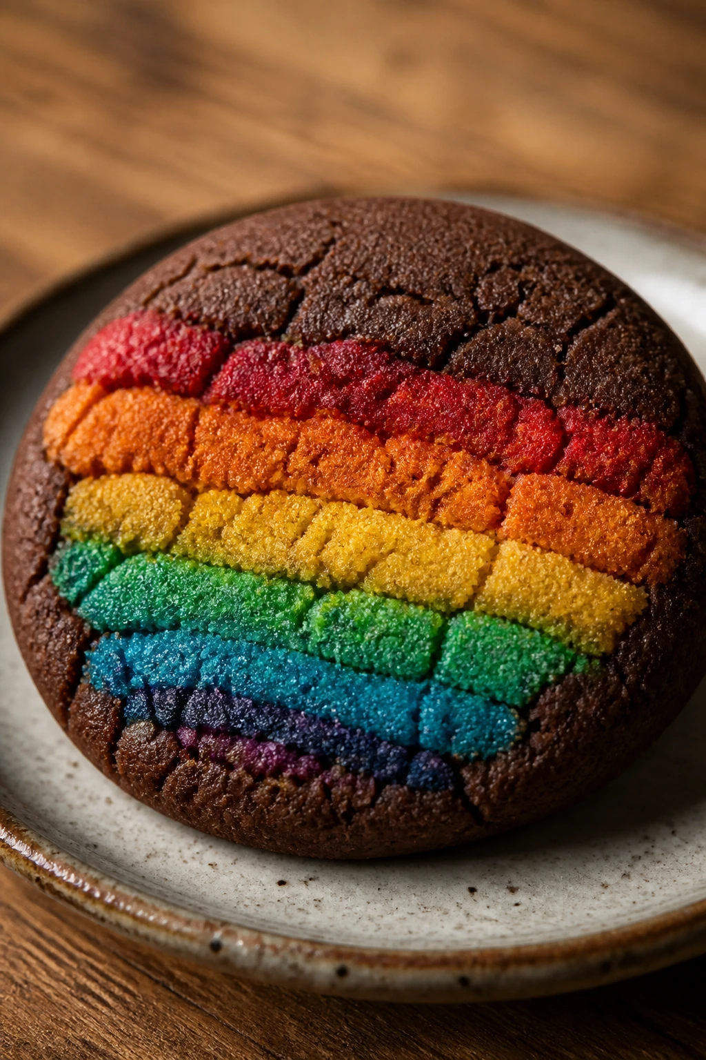 Close-up of espresso vanilla rainbow cookie on wooden counter with rainbow sprinkles