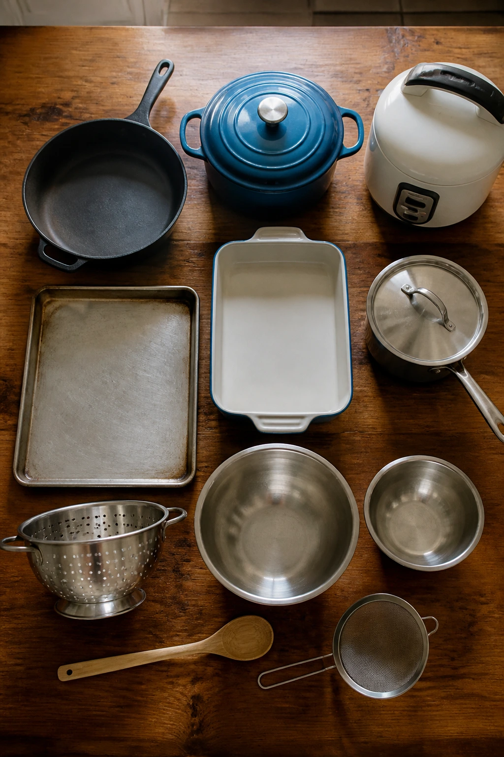 Top-down view of essential kitchen equipment on counter