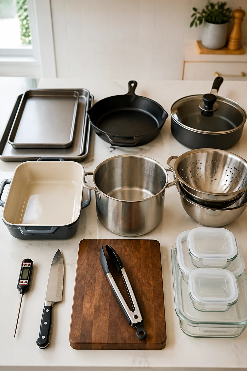 Essential kitchen equipment arranged on a countertop